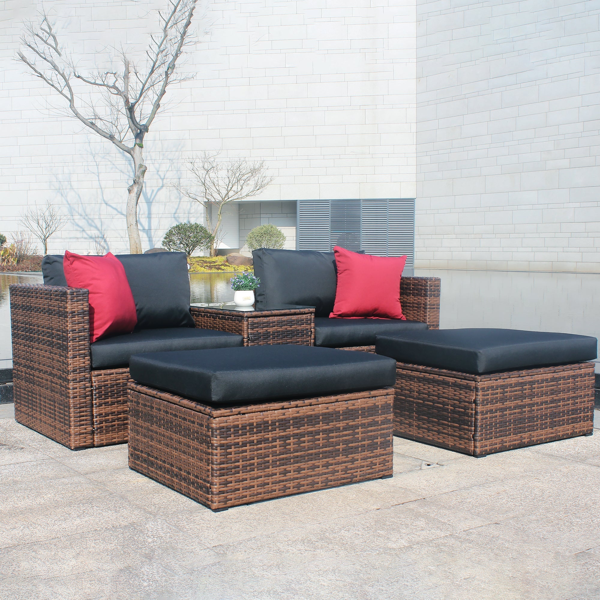 Updated 5 Pieces Outdoor Patio Garden Brown Wicker Sectional Conversation Sofa Set with Black Cushions and Red Pillows,w/ Furniture Protection Cover image 1