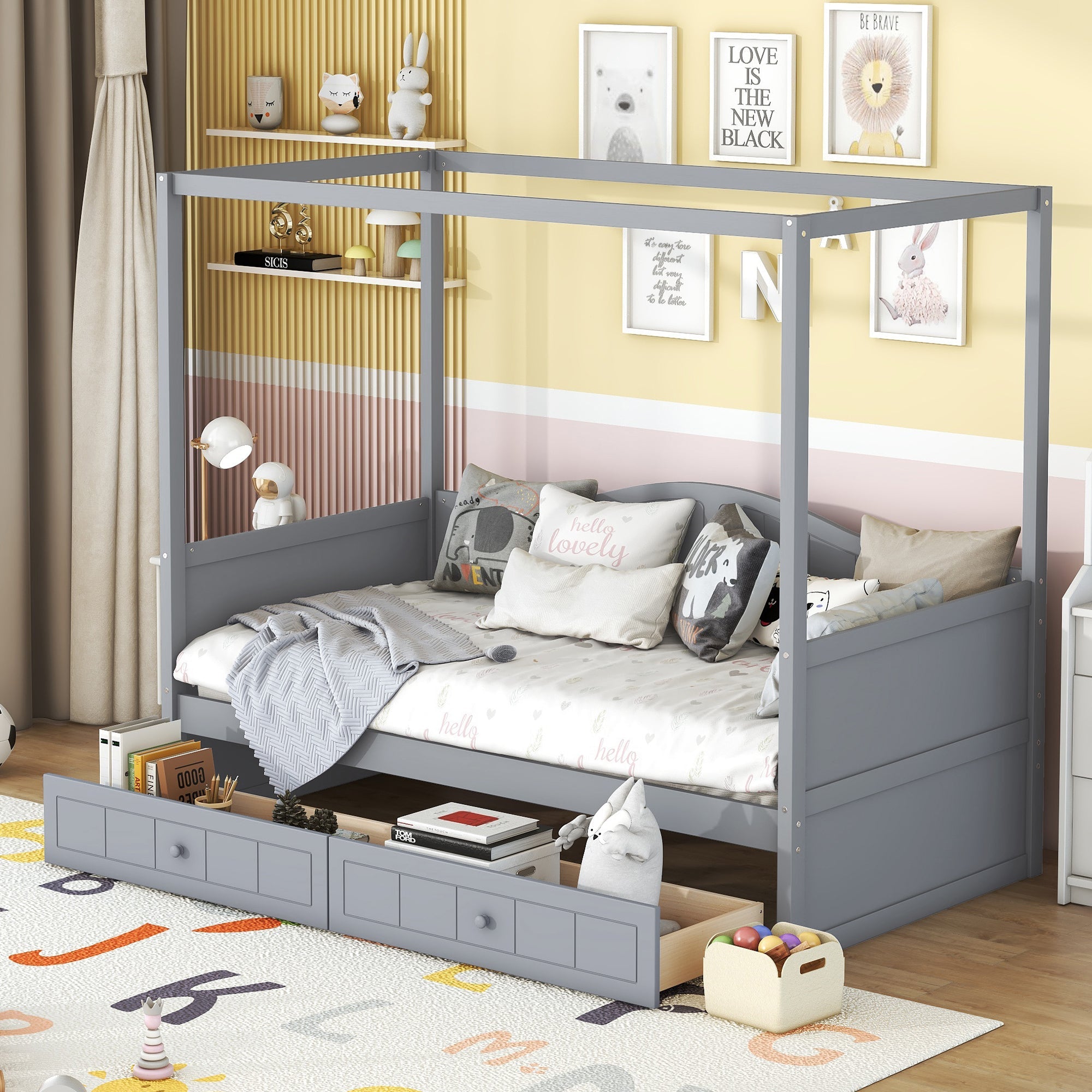 Twin Size Canopy Day Bed with 2 Drawers, Gray image 1