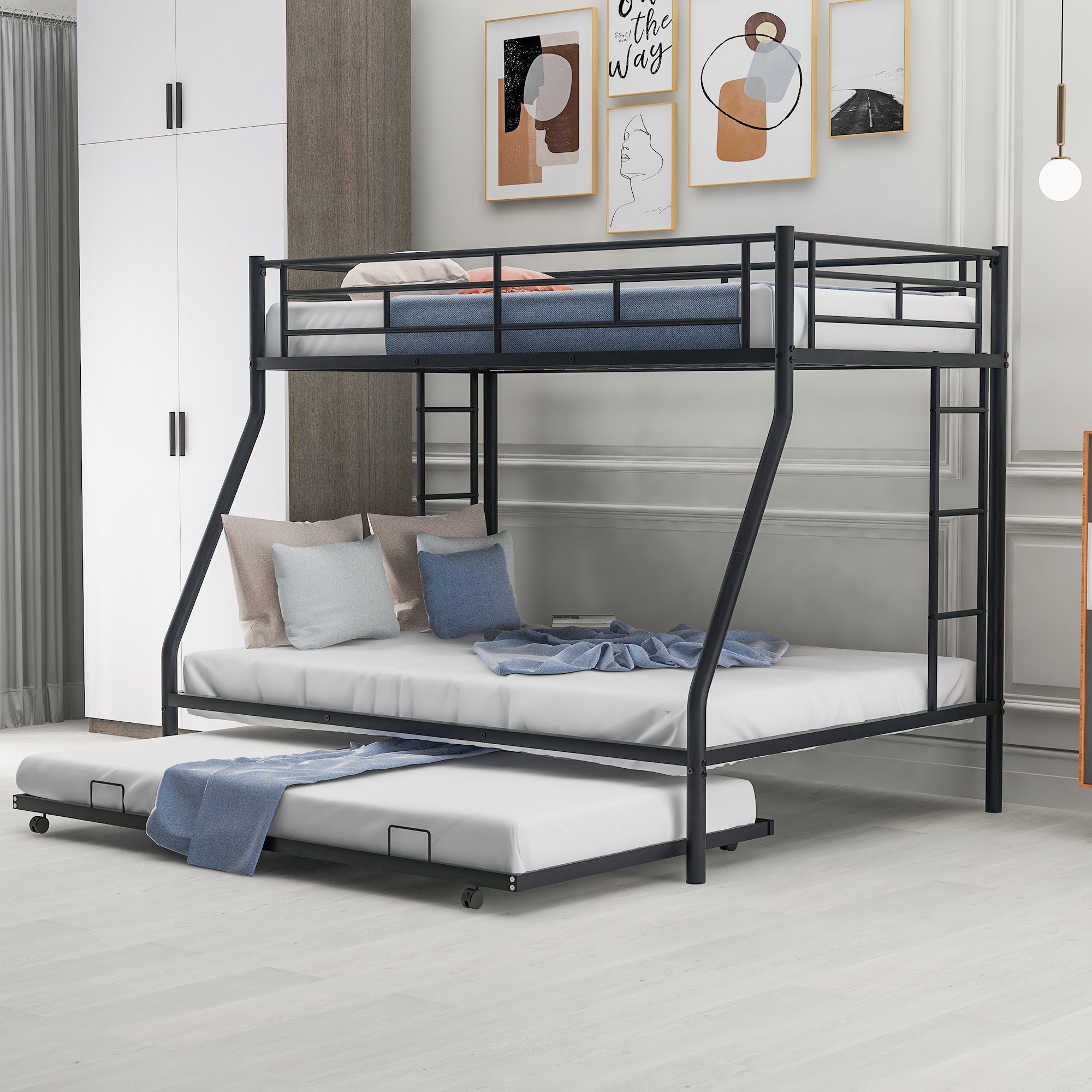 Twin over Full Bed with Sturdy Steel Frame, Bunk Bed with Twin Size Trundle, Two-Side Ladders, Black image 1