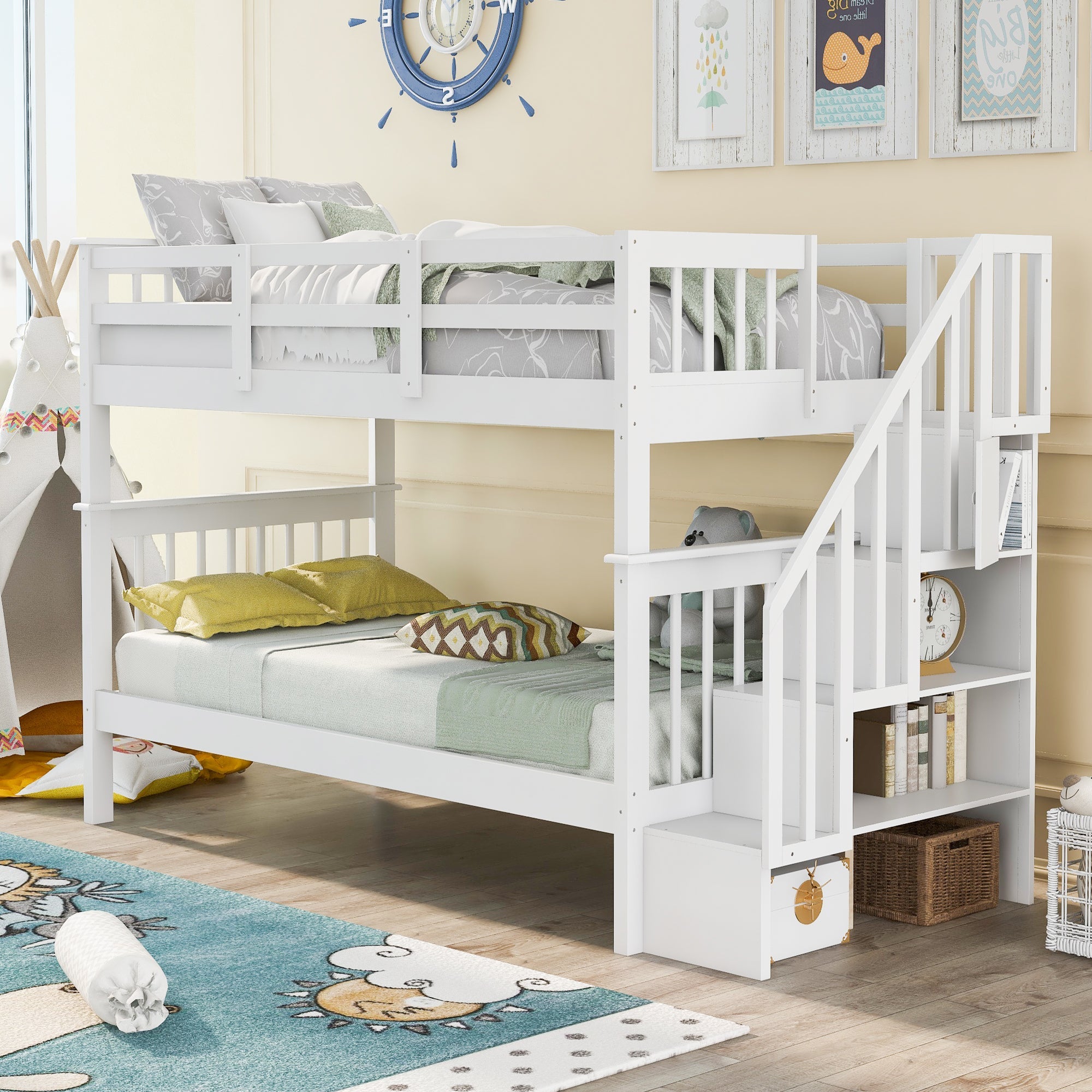 Stairway Twin-Over-Twin Bunk Bed with Storage and Guard Rail for Bedroom, Dorm, White color image 1