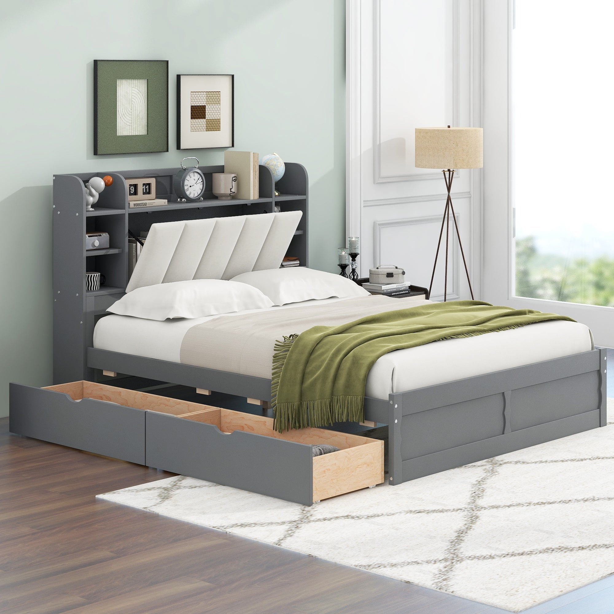 Wood Queen Size Platform Bed with Storage Headboard, Shelves and 2 Drawers, Gray image 1