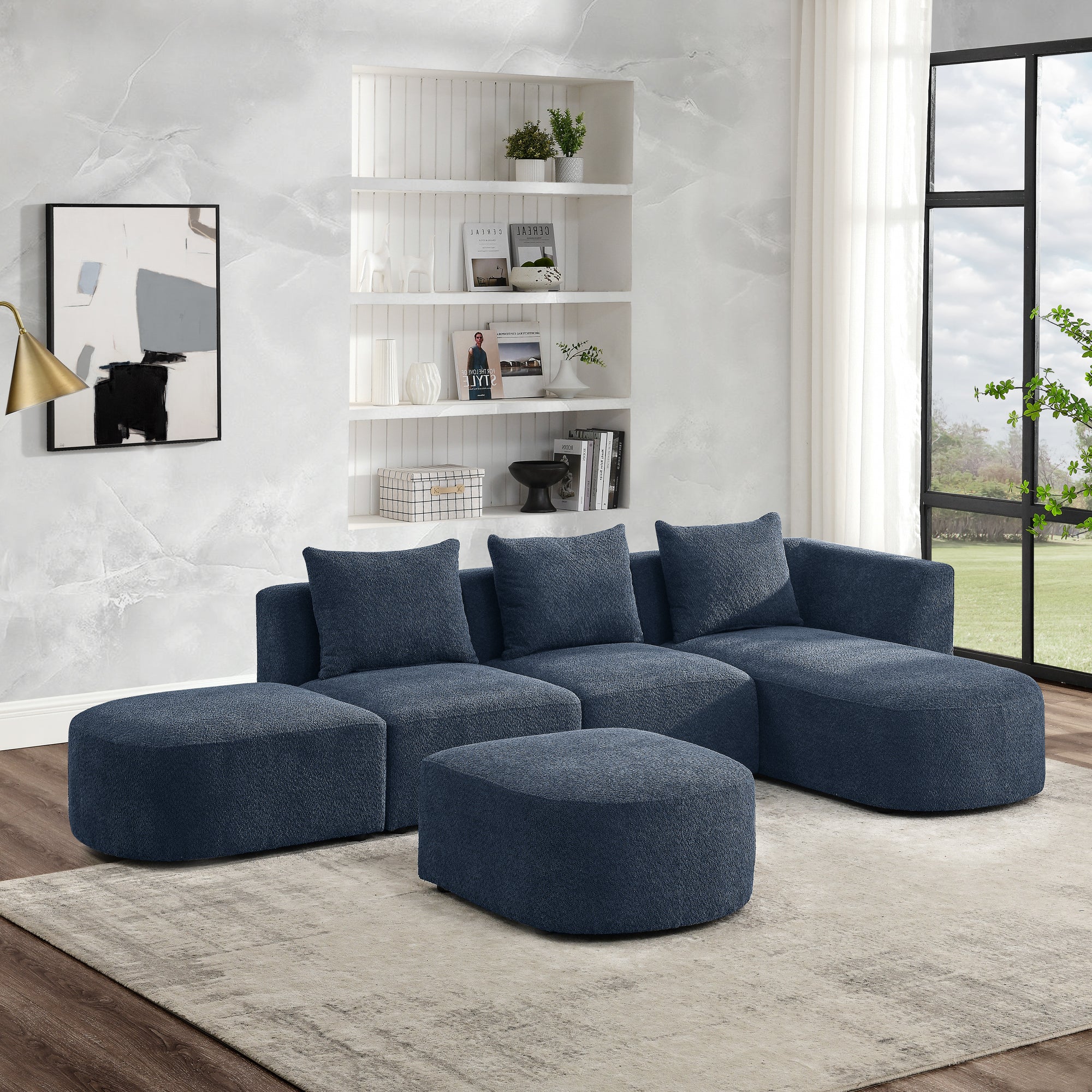 L Shape Sectional Sofa with Right Side Chaise and Ottoman, Modular Sofa, DIY Combination, Loop Yarn Fabric, Navy image 1