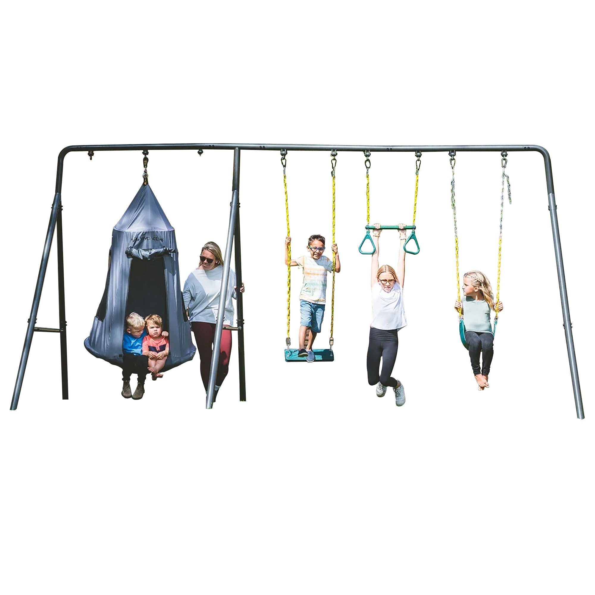 gobaplay Discovery Kids Swing Set, Outdoor Frame, Tent Saucer, Swings, & Trapeze image 1