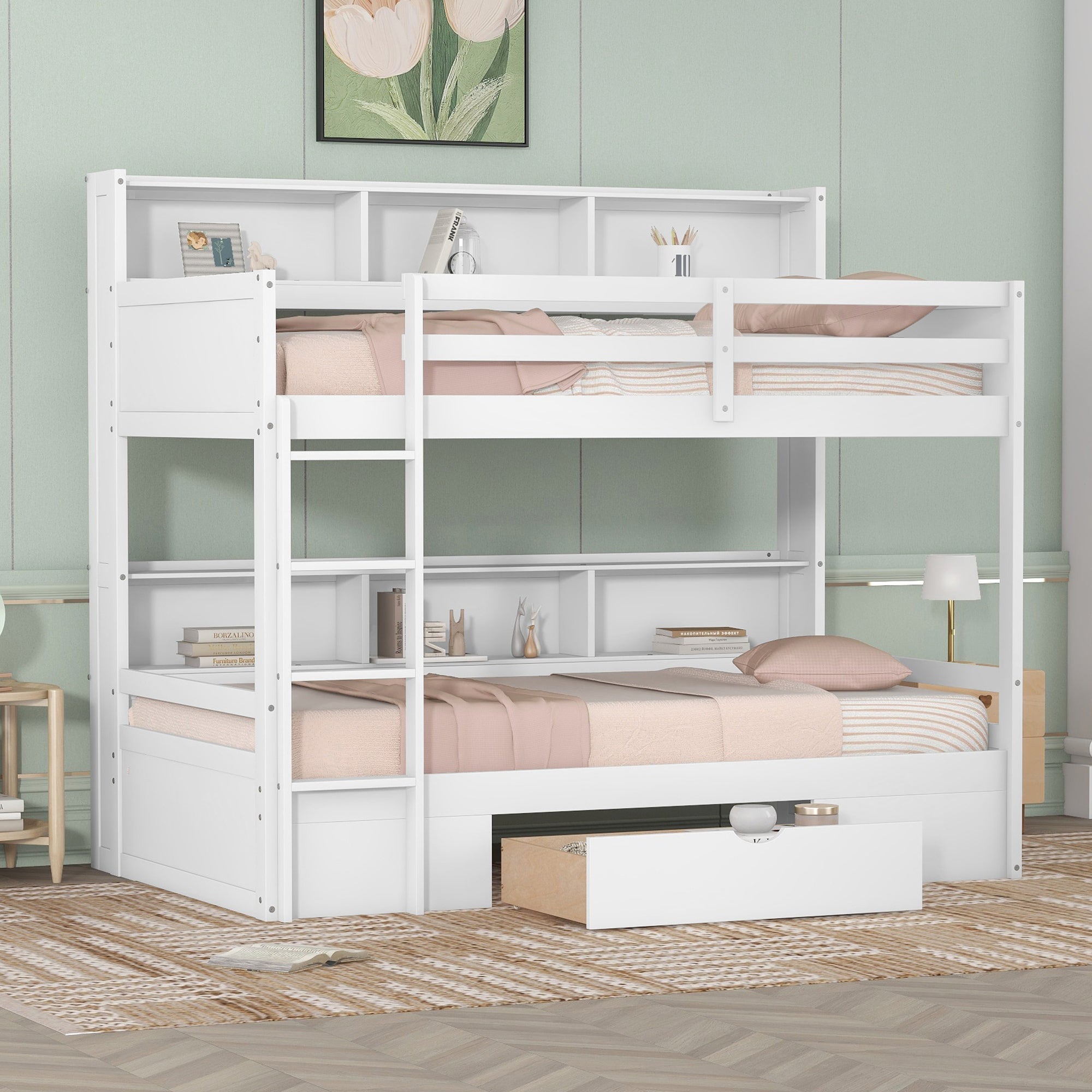Twin Size Bunk Bed with Built-in Shelves Beside both Upper and Down Bed and Storage Drawer,White image 1