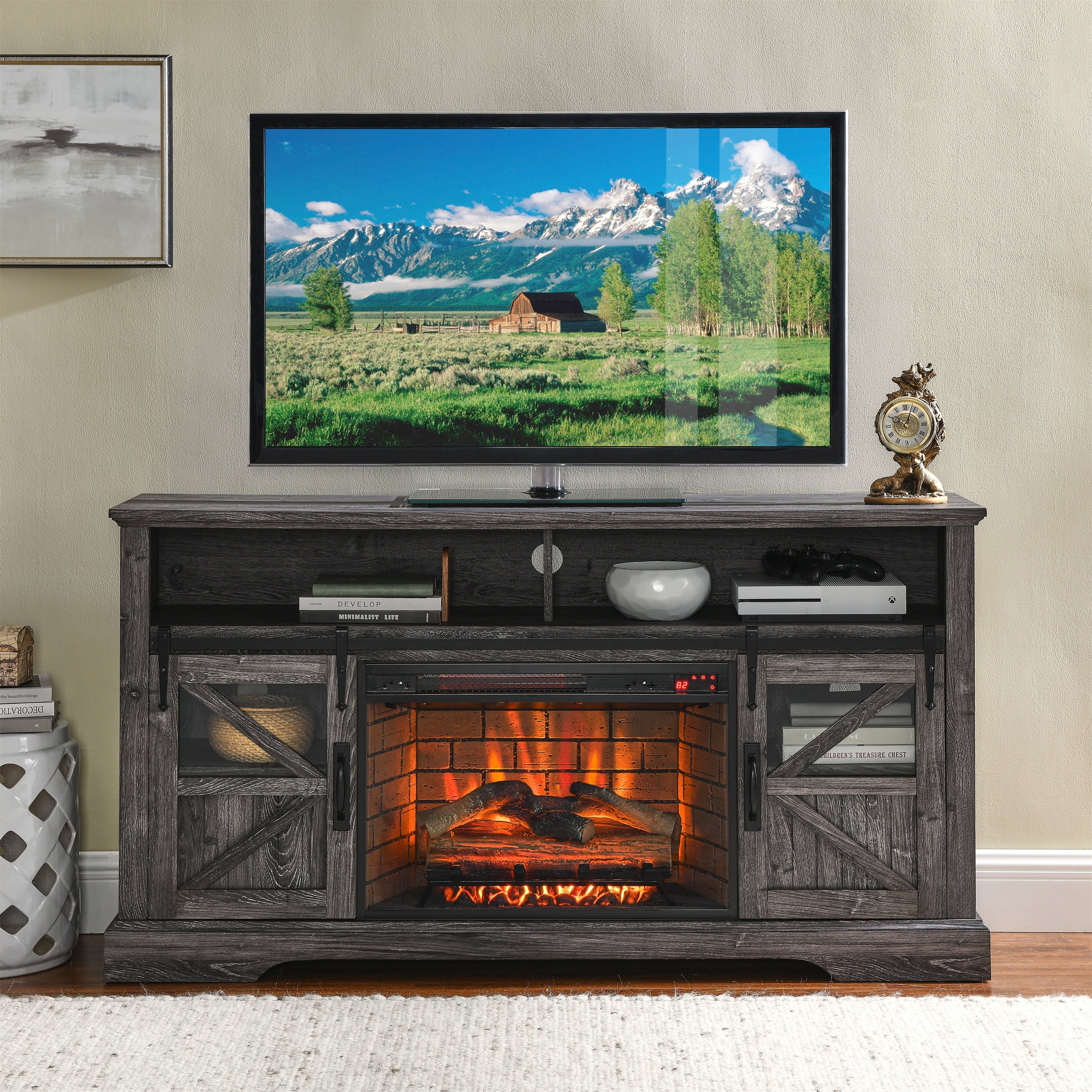 60 Inch Electric Fireplace Entertainment Center With Door Sensor-Dark Rustic Oak image 1