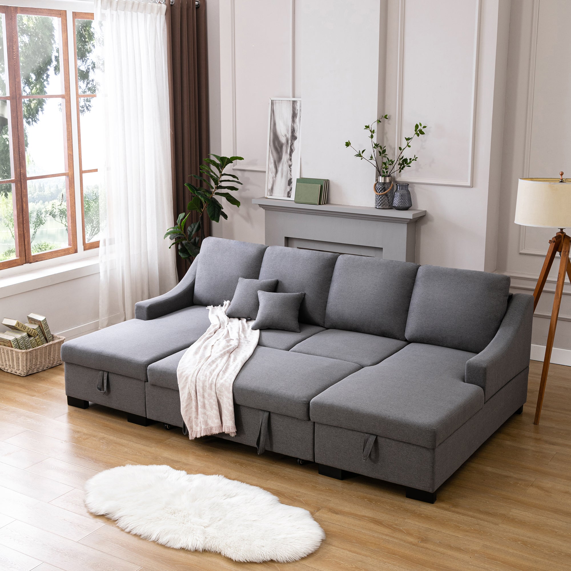 Upholstery Sleeper Sectional Sofa with Double Storage Spaces, 2 Tossing Cushions, Grey image 1