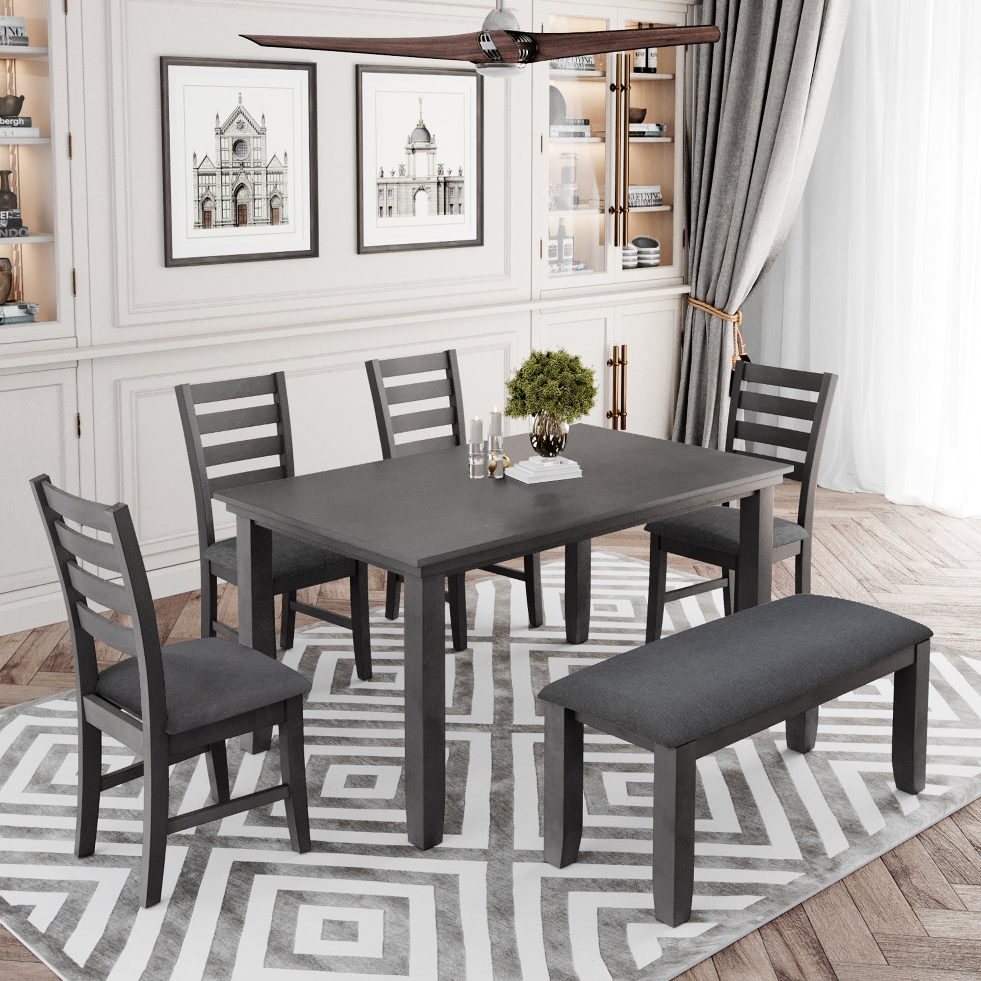 Dining Room Table and Chairs with Bench, Rustic Wood Dining Set, Set of 6 (Gray) image 1