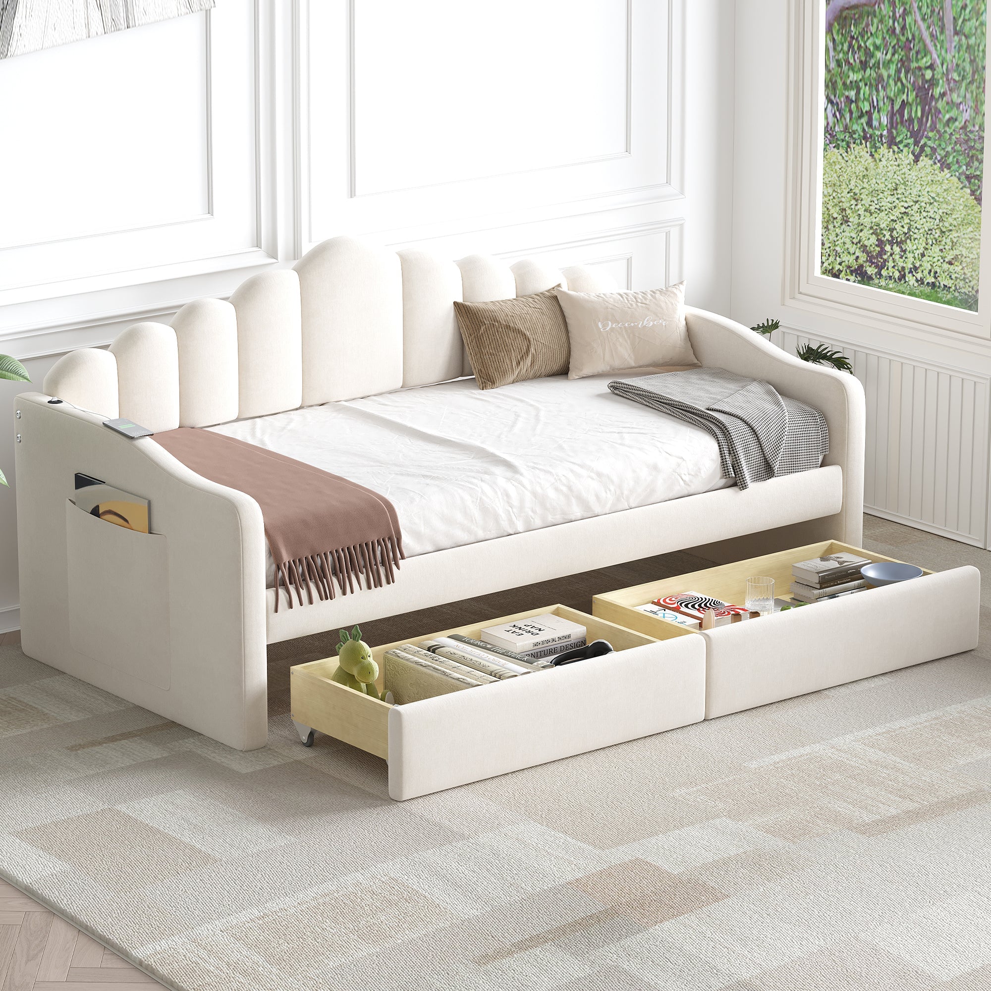 Twin size Upholstered Daybed with 2 Drawers, Velvet Sofabed with USB Charging Ports,No Box-spring Needed,Beige image 1
