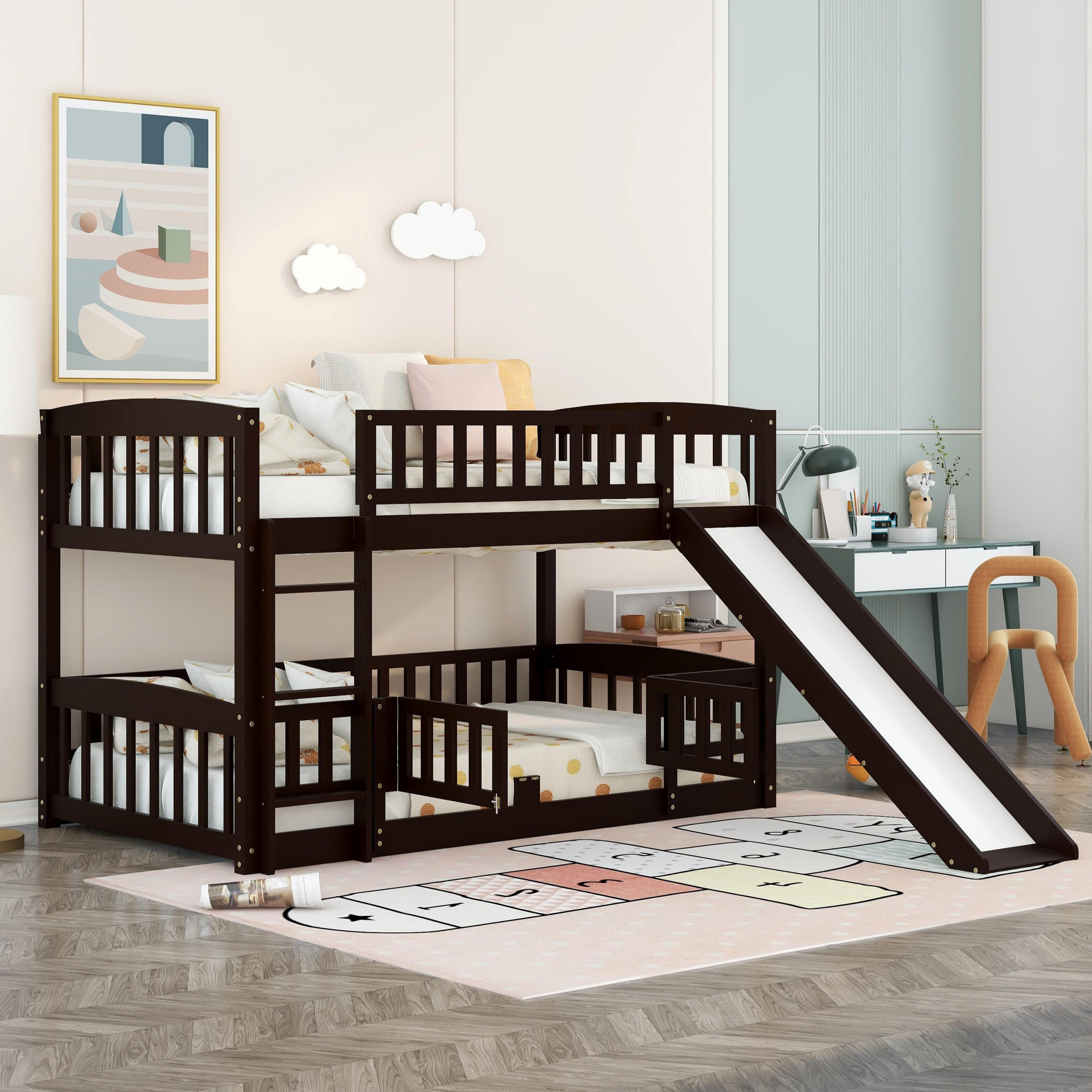 Bunk Bed with Slide,Twin Over Twin Low Bunk Bed with Fence and Ladder for Toddler Kids Teens Espresso image 1