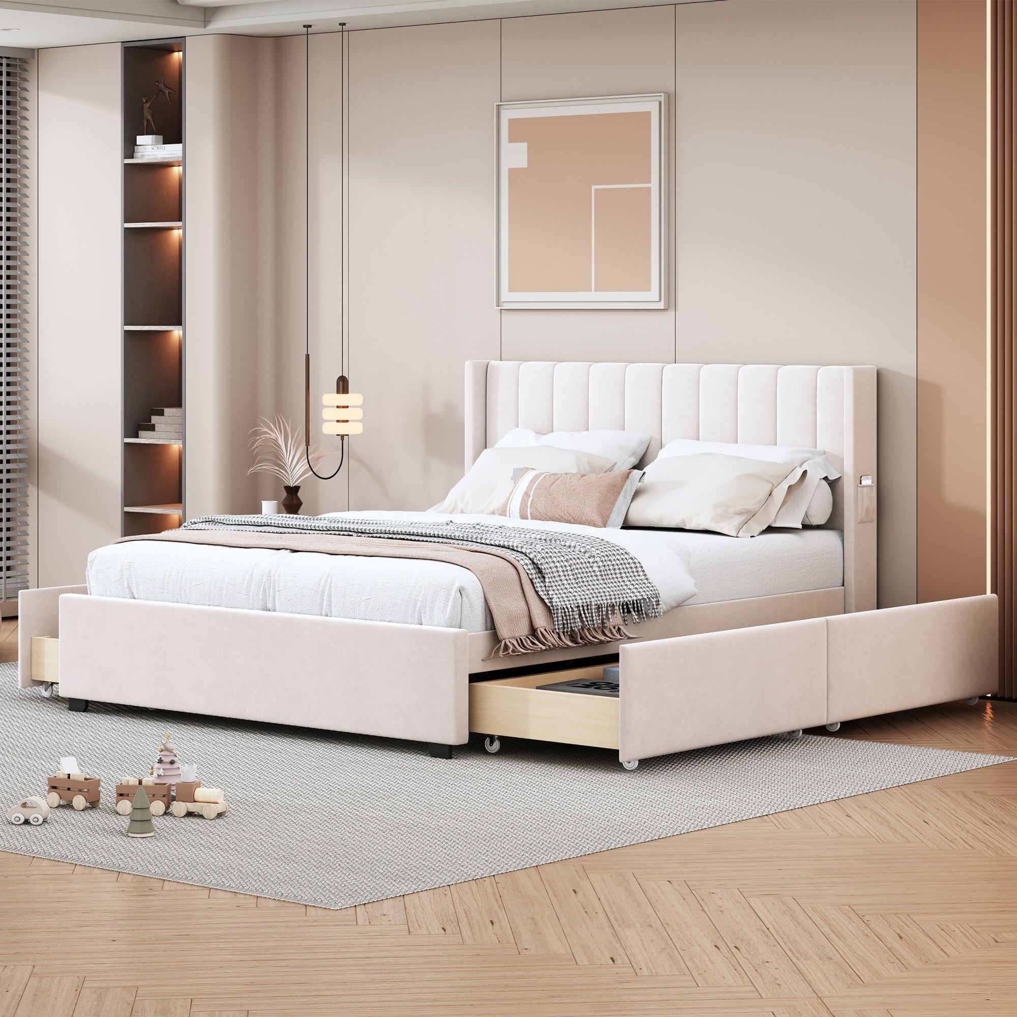 Queen Size Upholstered Bed with 4 Drawers, Beige image 1