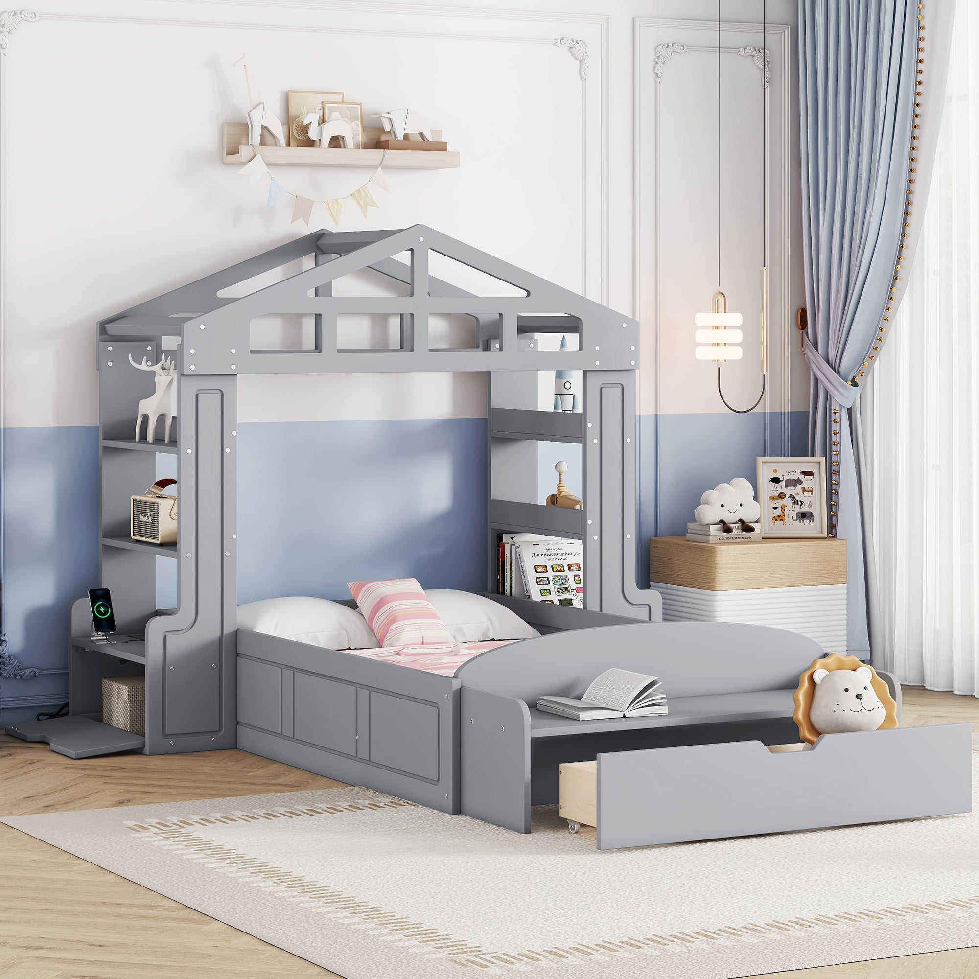 Twin Size House Bed with Bench, Socket and Shelves, Gray image 1