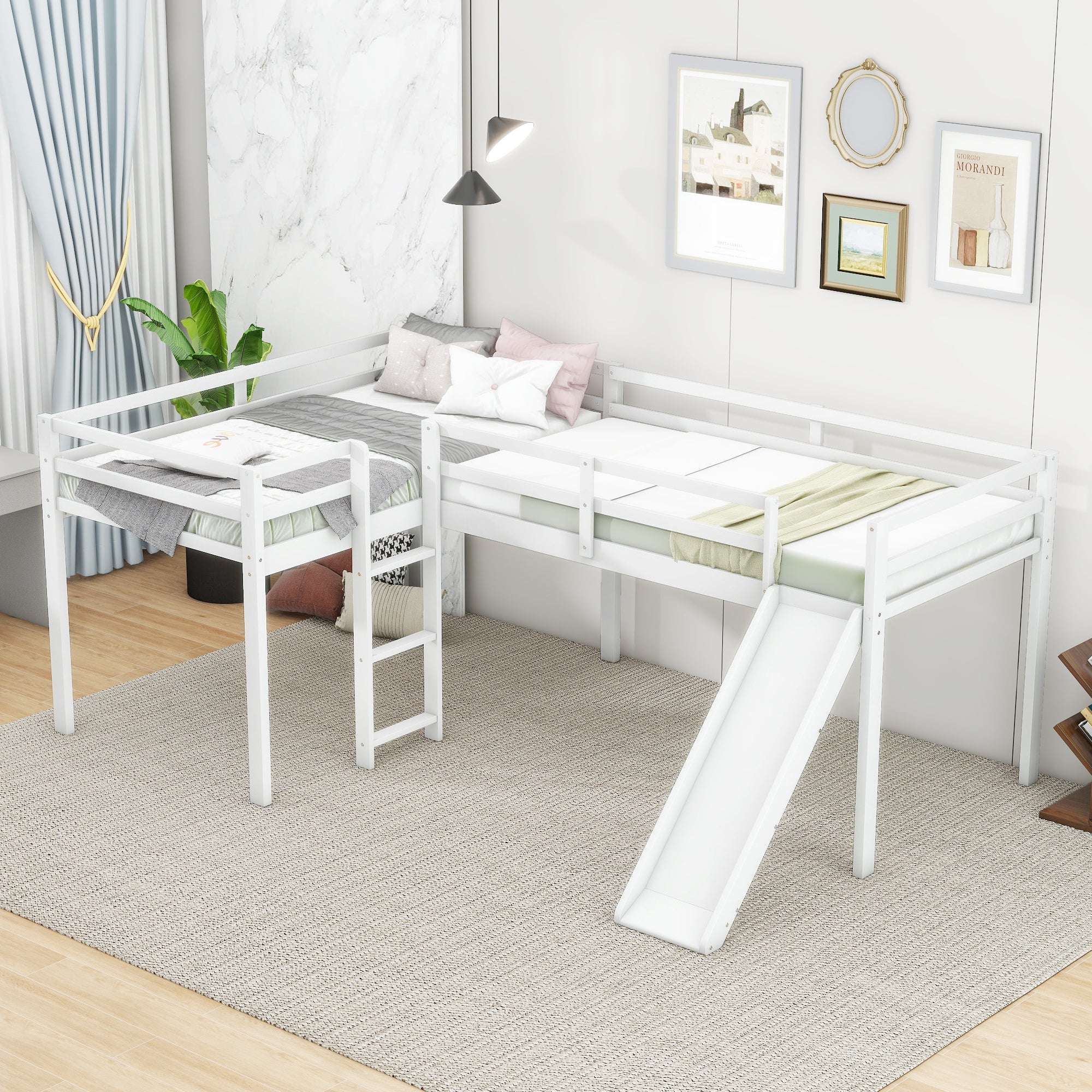 L-Shaped Twin Size Loft Bed with Ladder and Slide, White image 1