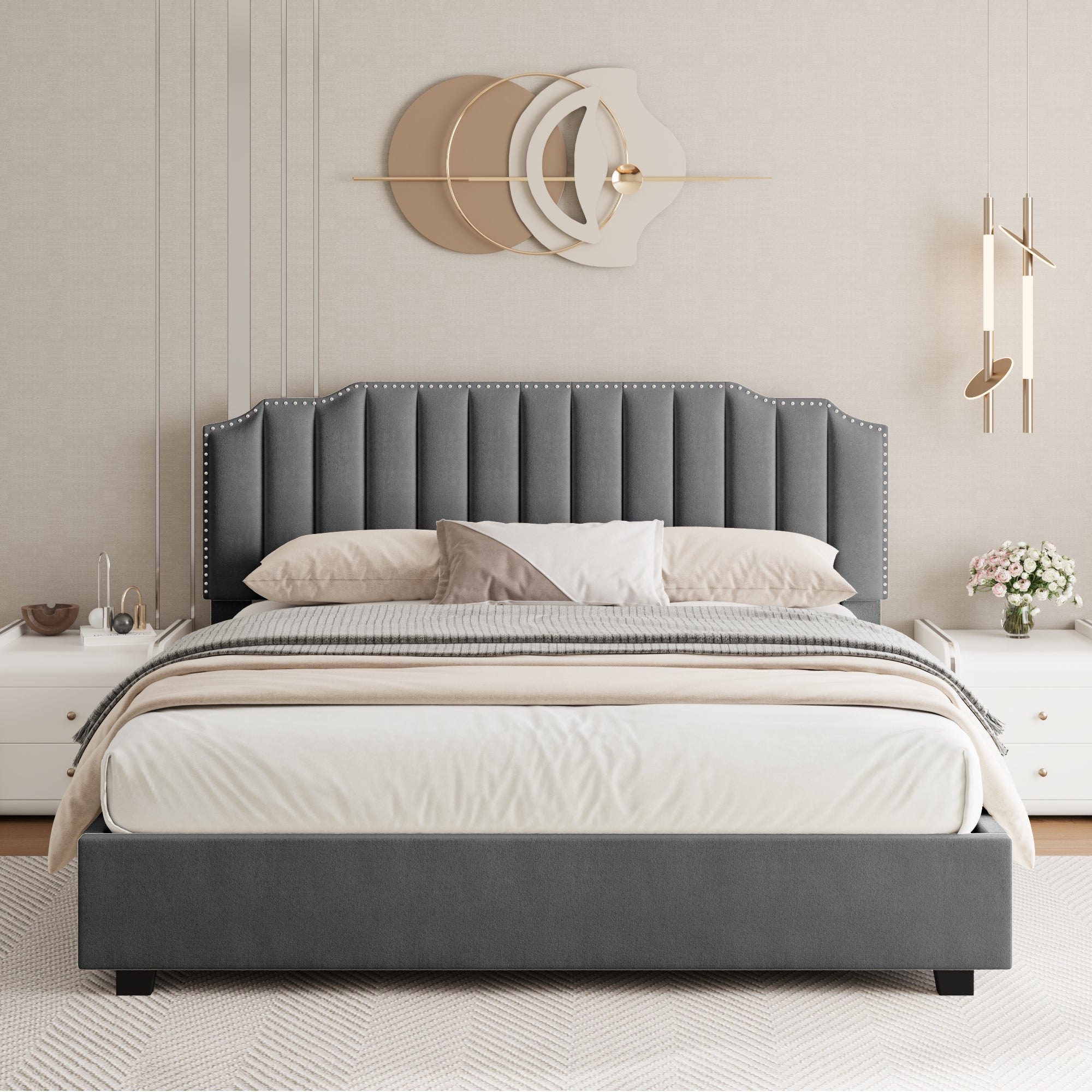 LIFT UP DOUBLE SIZE BED GRAY VELVET image 1