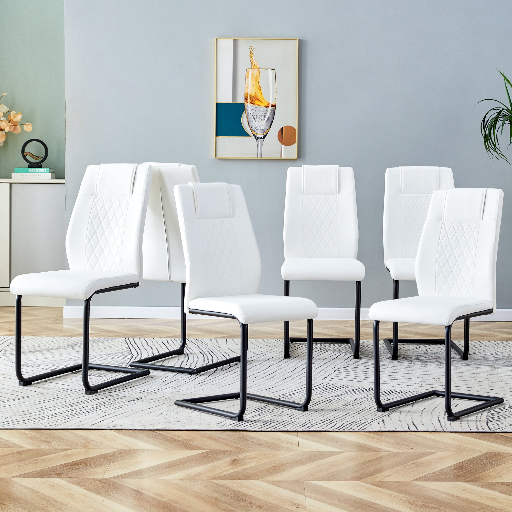 Modern dining chairs with faux leather upholstered seats - dining room chairs with metal legs, suitable for kitchen, living room, bedroom, dining room side chairs, set of 6 pieces (white+PU leather) image 1