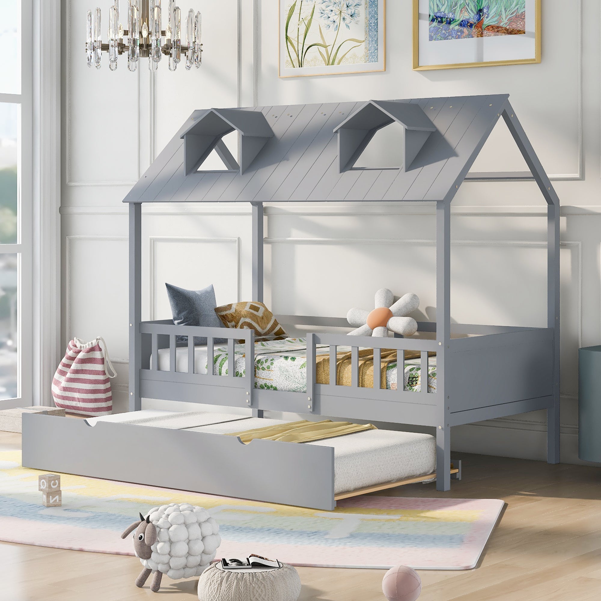 Twin Size House Bed Wood Bed with Twin Size Trundle (Gray) image 1