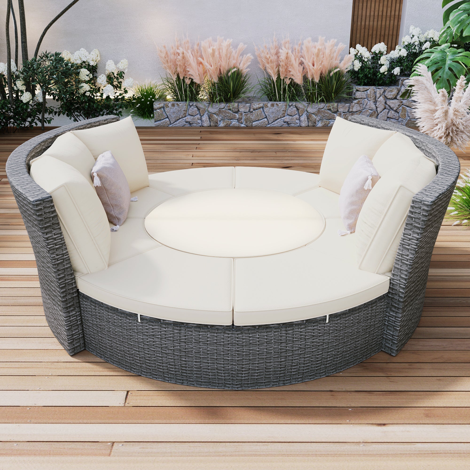 Patio 5-Piece Round Rattan Sectional Sofa Set All-Weather PE Wicker Sunbed Daybed with Round Liftable Table and Washable Cushions for Outdoor Backyard Poolside, Beige image 1