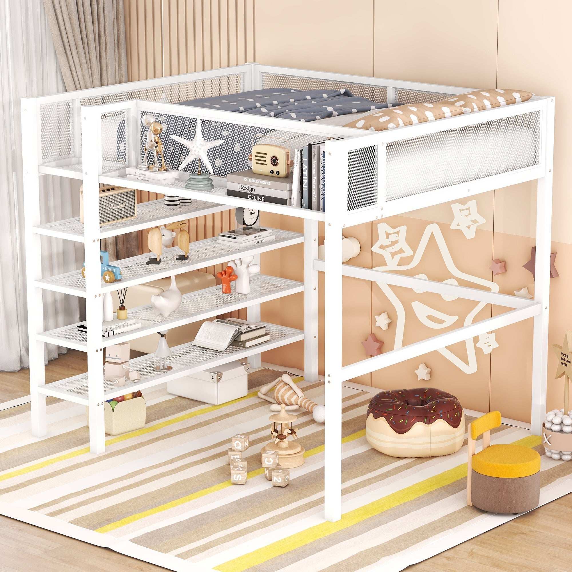 Full Size Metal Loft Bed with 4-Tier Shelves and Storage, White image 1
