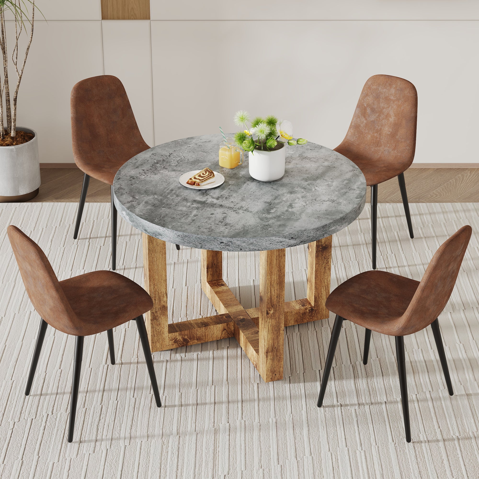 A modern and practical circular dining table. Made of MDF tabletop and wooden MDF table legs. A set of 4 brown cushioned chairs. image 1