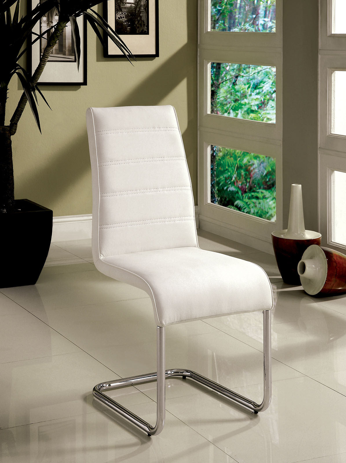 Contemporary White Padded Leatherette 2pc Side Chairs Set of 2 Chairs Kitchen Dining Room Metal Chrome Legs image 1