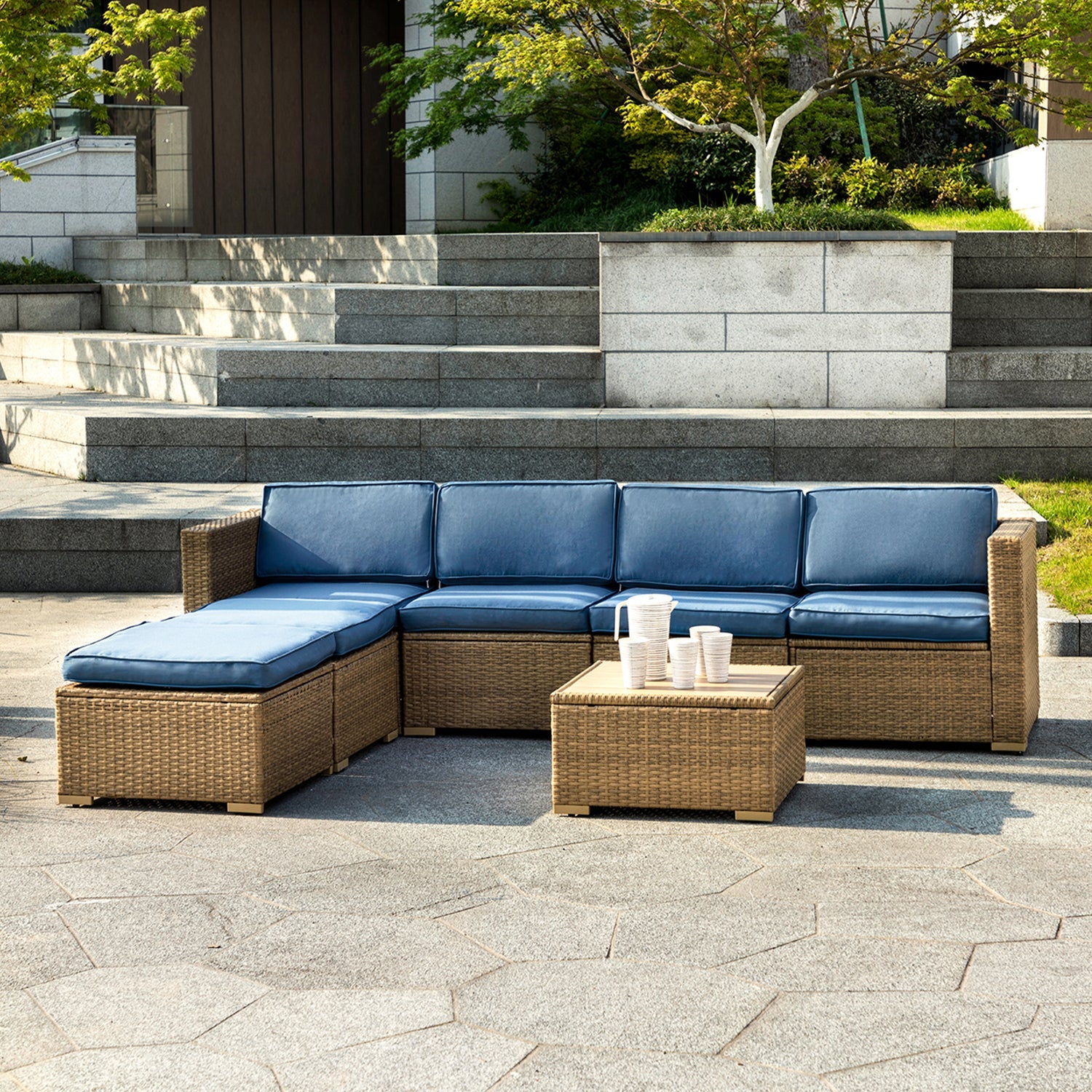 Rattan Outdoor Conversation Set with Cushions Ottoman Metal image 1