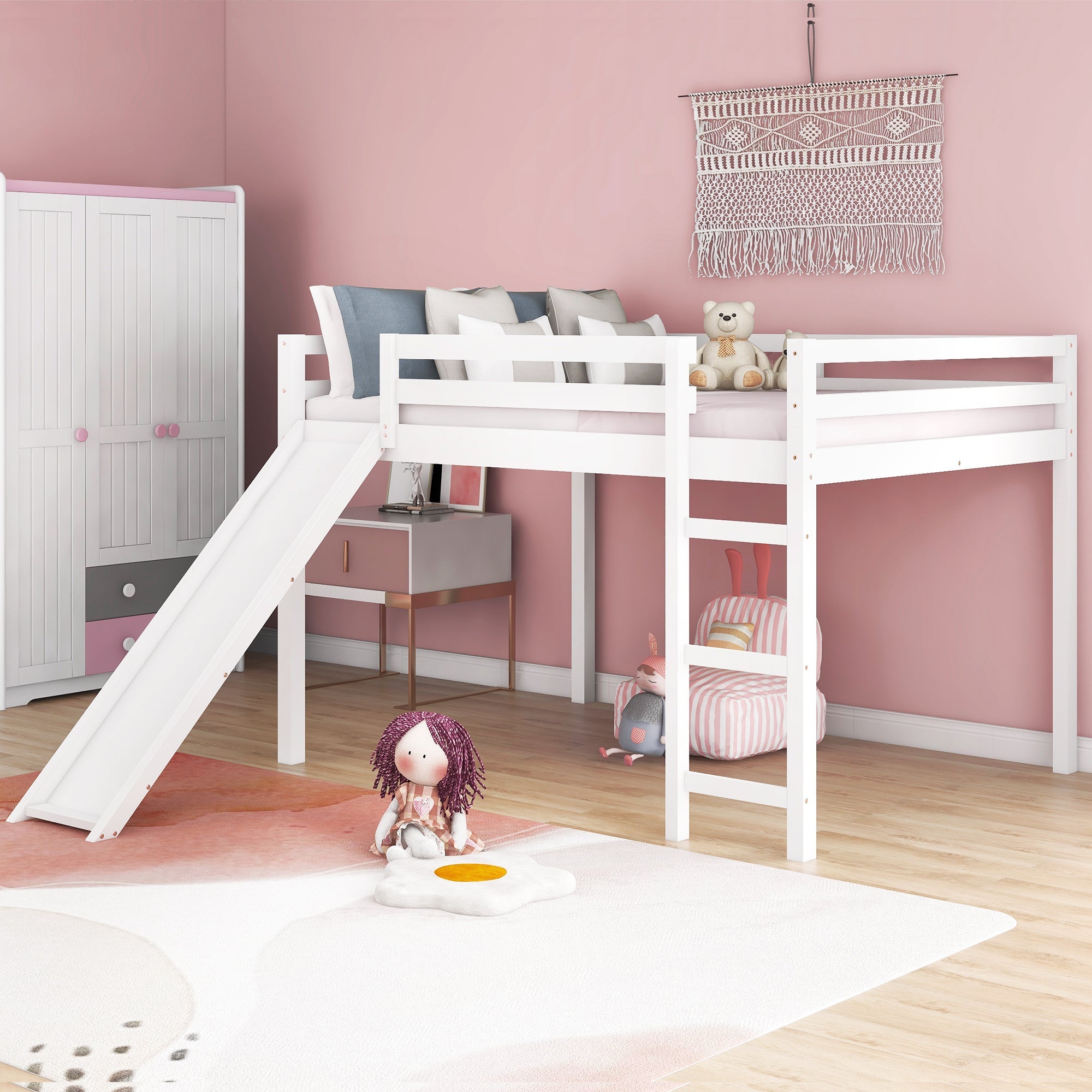Loft Bed with Slide, Multifunctional Design, Full (White) image 1