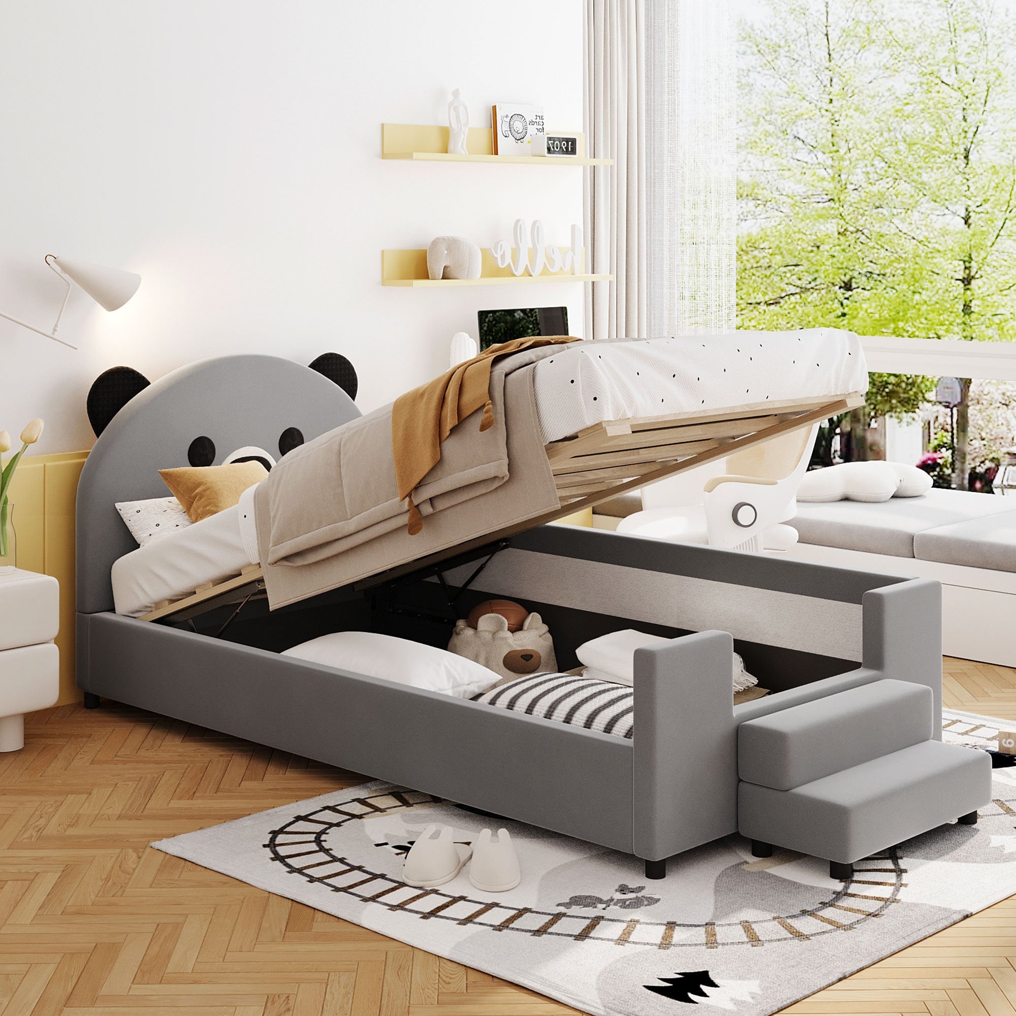 Twin Size Upholstered Daybed with Bear Shaped Headboard, Hydraulic System and Breathable Mesh Fence, Gray image 1