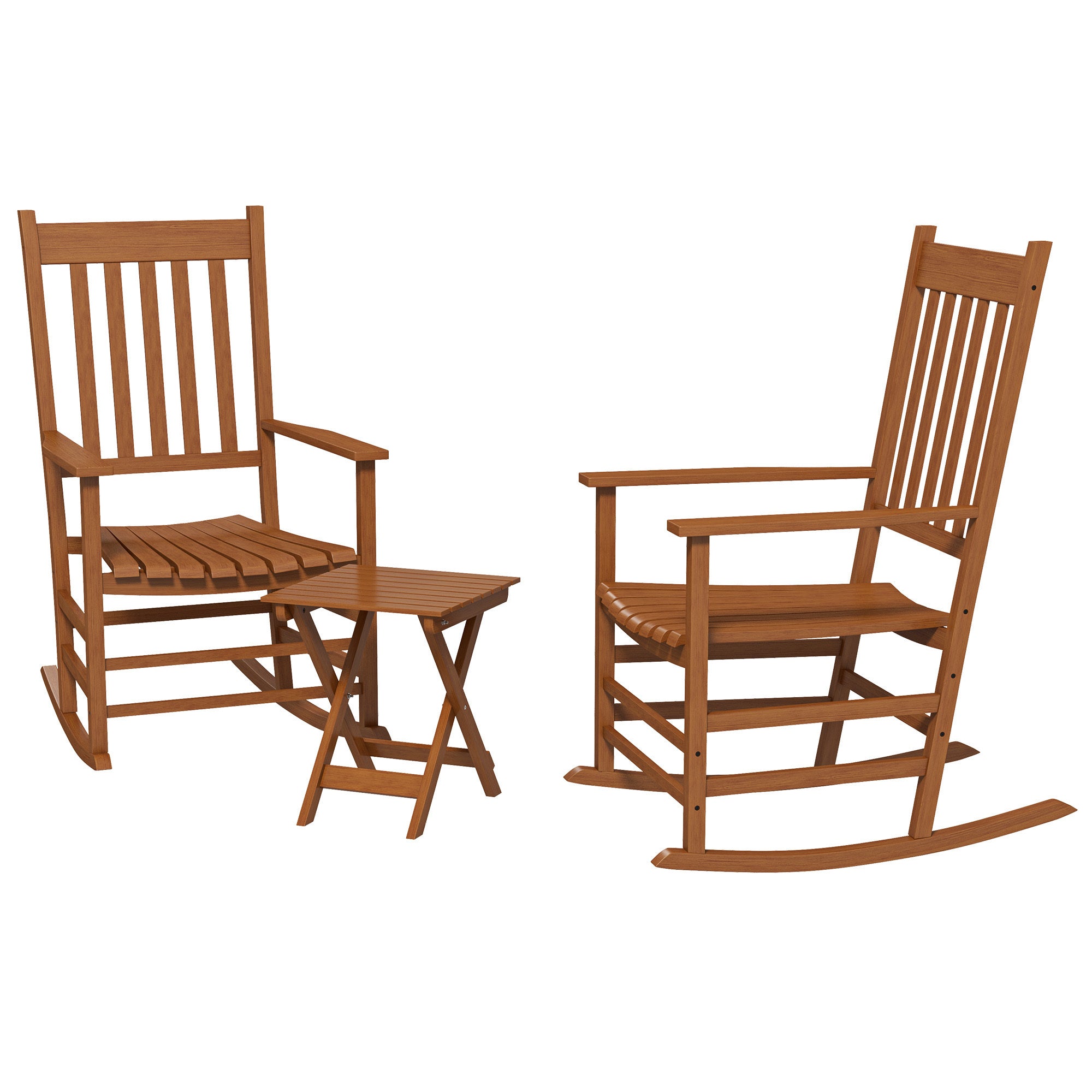 Outdoor Rocking Chair Set of 2 with Side Table, Patio Wooden Rocking Chair with Smooth Armrests, High Back for Garden, Balcony, Porch, Supports Up to 352 lbs., Teak image 1