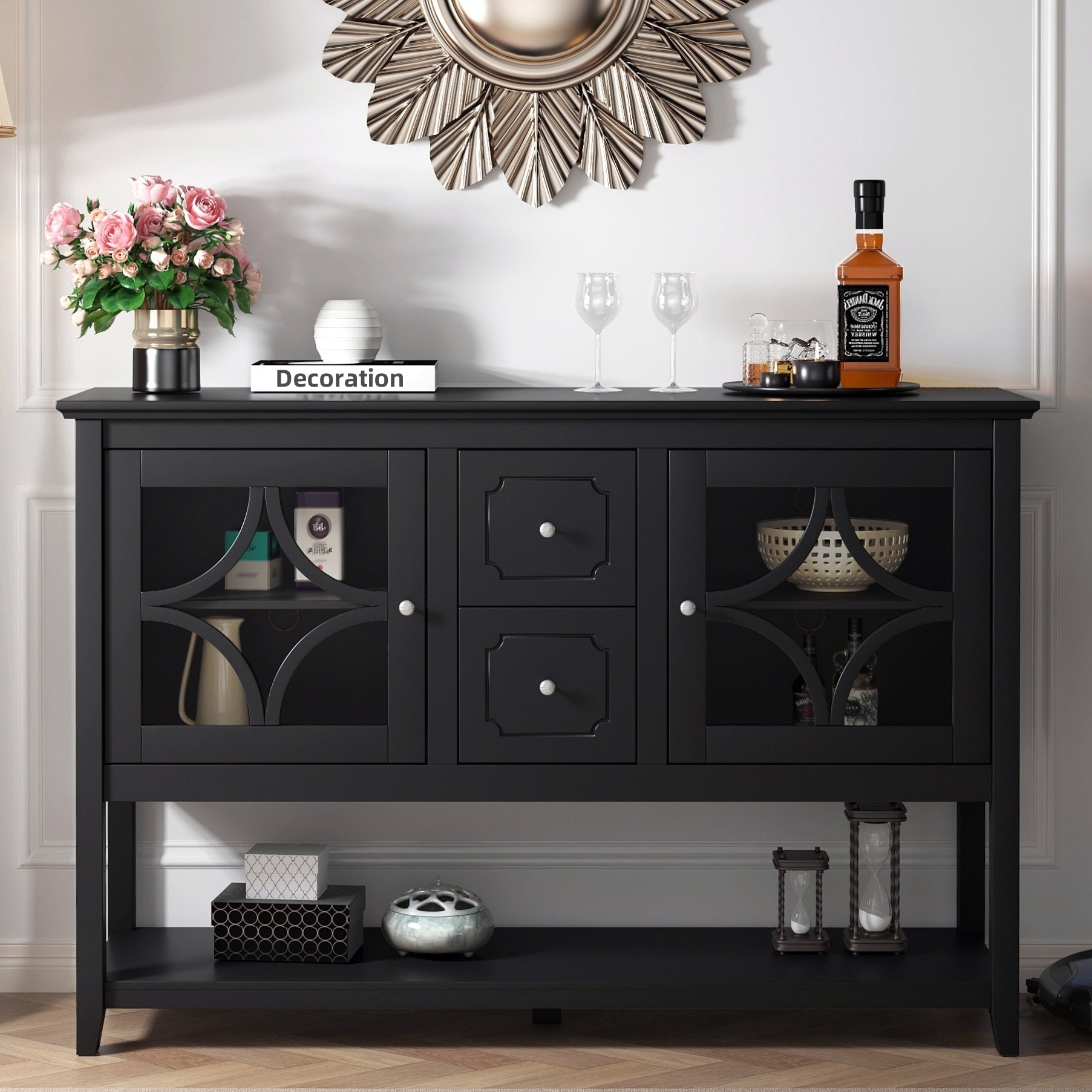Sideboard Buffet Console Table, Media Cabinet with Adjustable Shelves, Black image 1