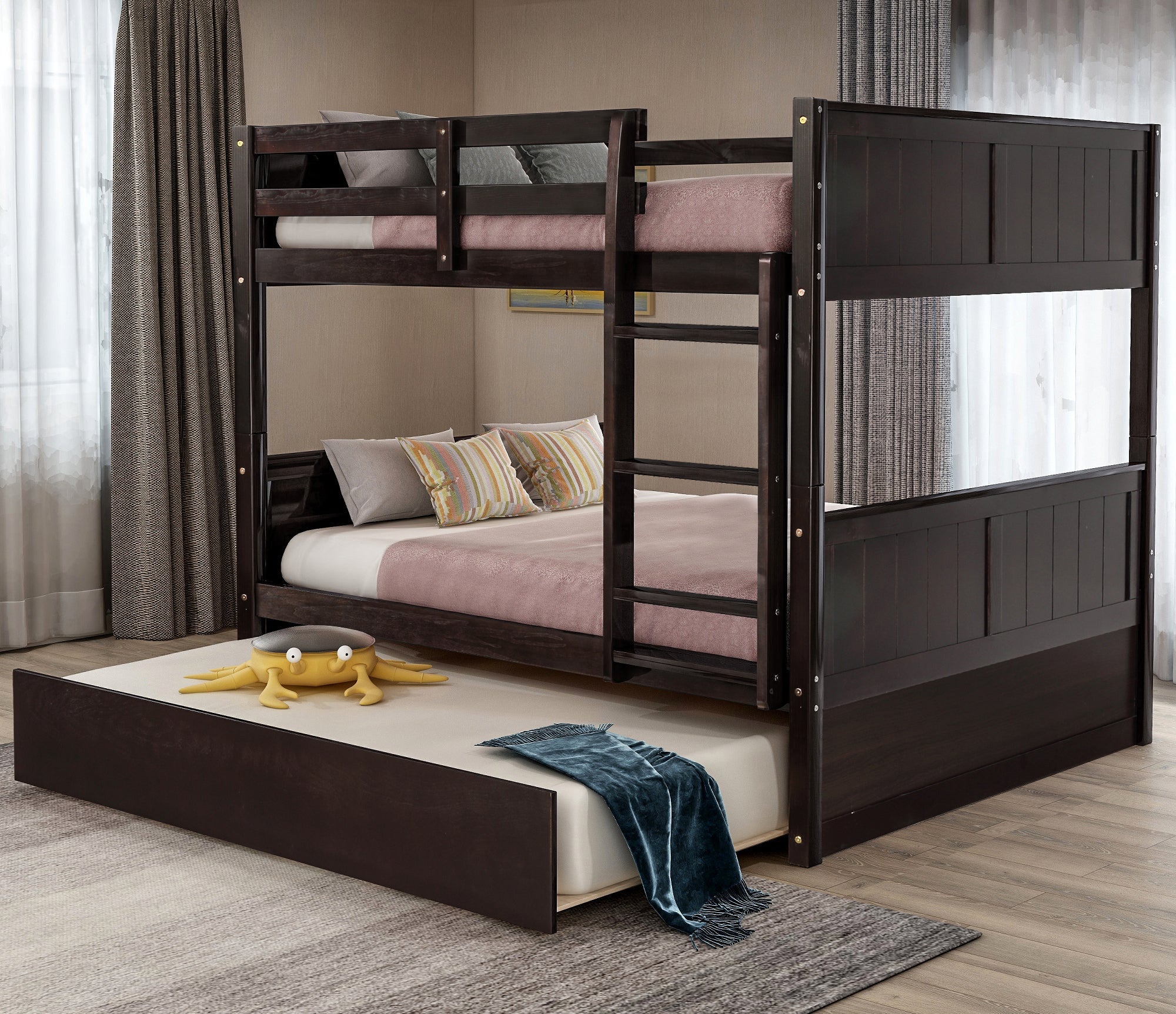 Full Over Full Bunk Bed with Twin Size Trundle, Espresso image 1