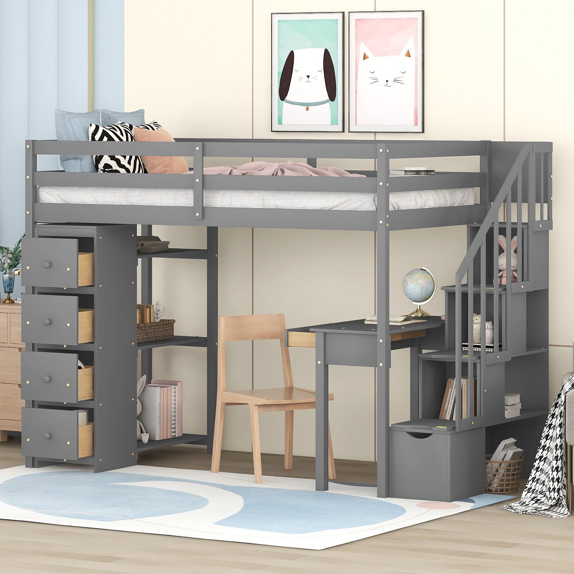 Twin size Loft Bed with Storage Drawers, Desk and Stairs, Wooden Loft Bed with Shelves - Gray image 1