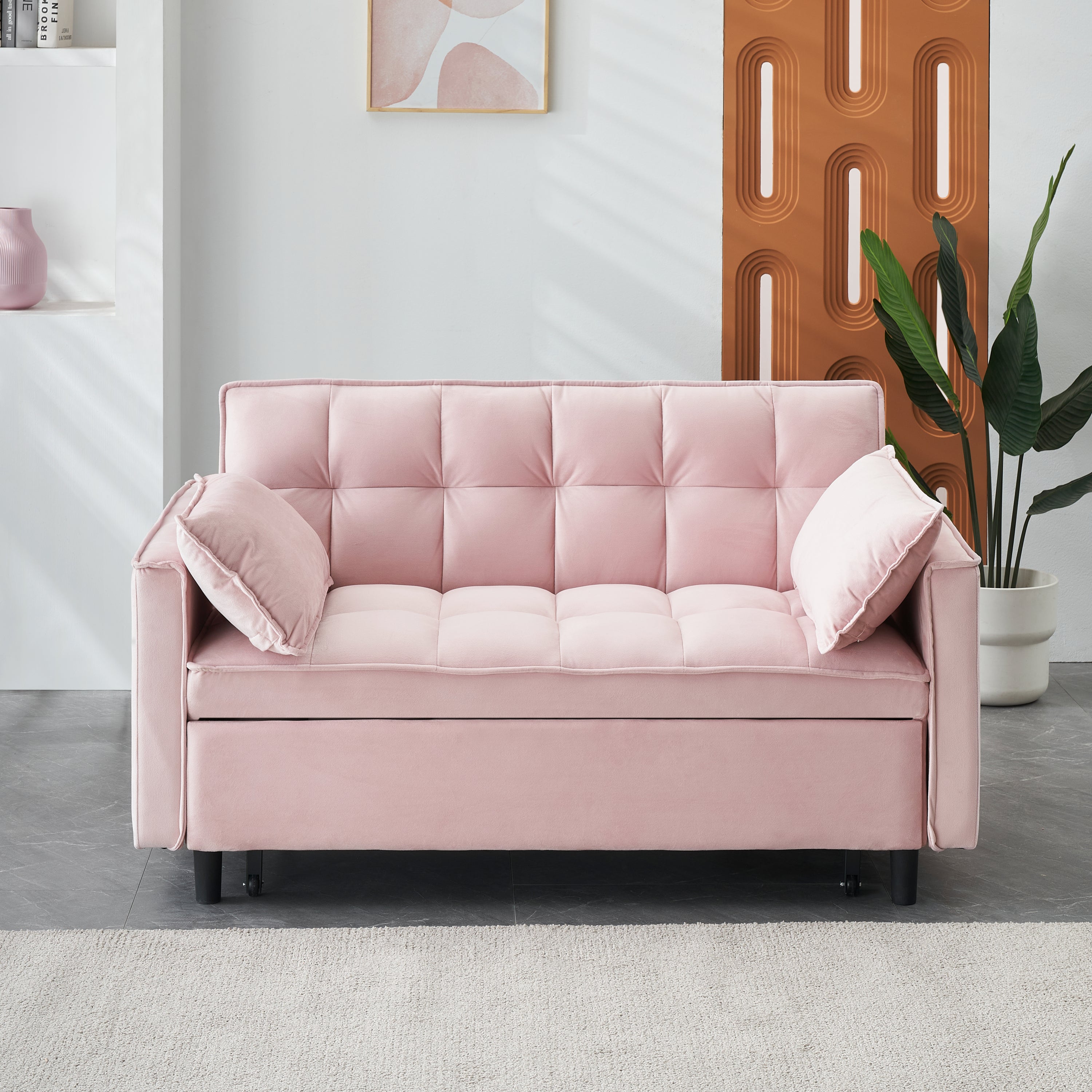 Modern velvet sofa, sofa pull-out bed, small love seat casual sofa with back, with pillow, pockets, living room furniture, 3 in 1 convertible sleep sofa bed. image 1