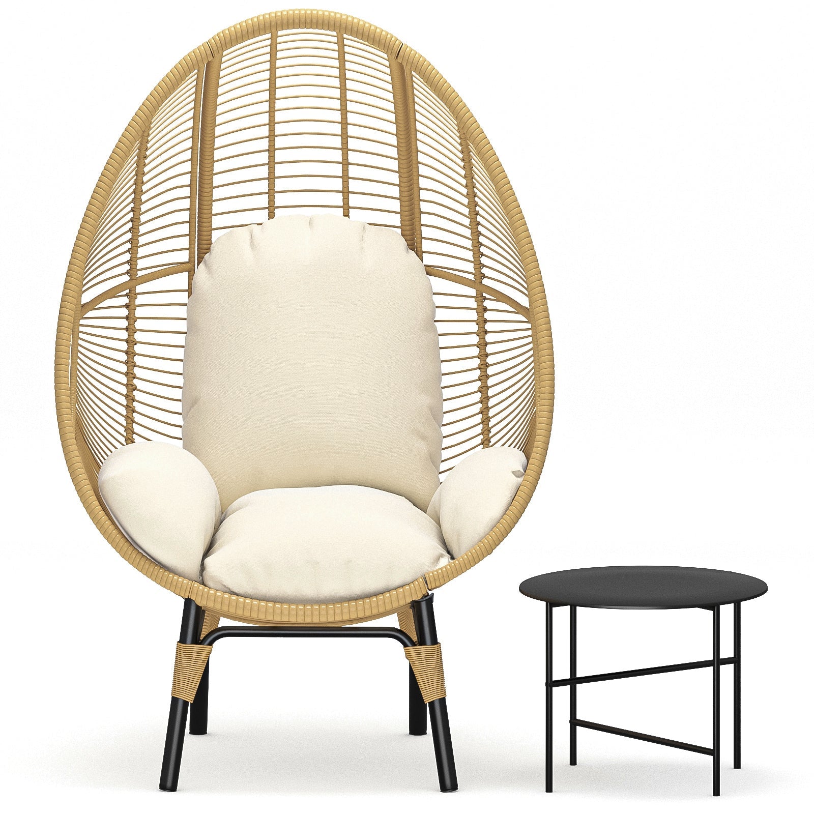 Patio PE Wicker Egg Chair Model 2 with Natural Color Rattan Beige Cushion and Side Table image 1