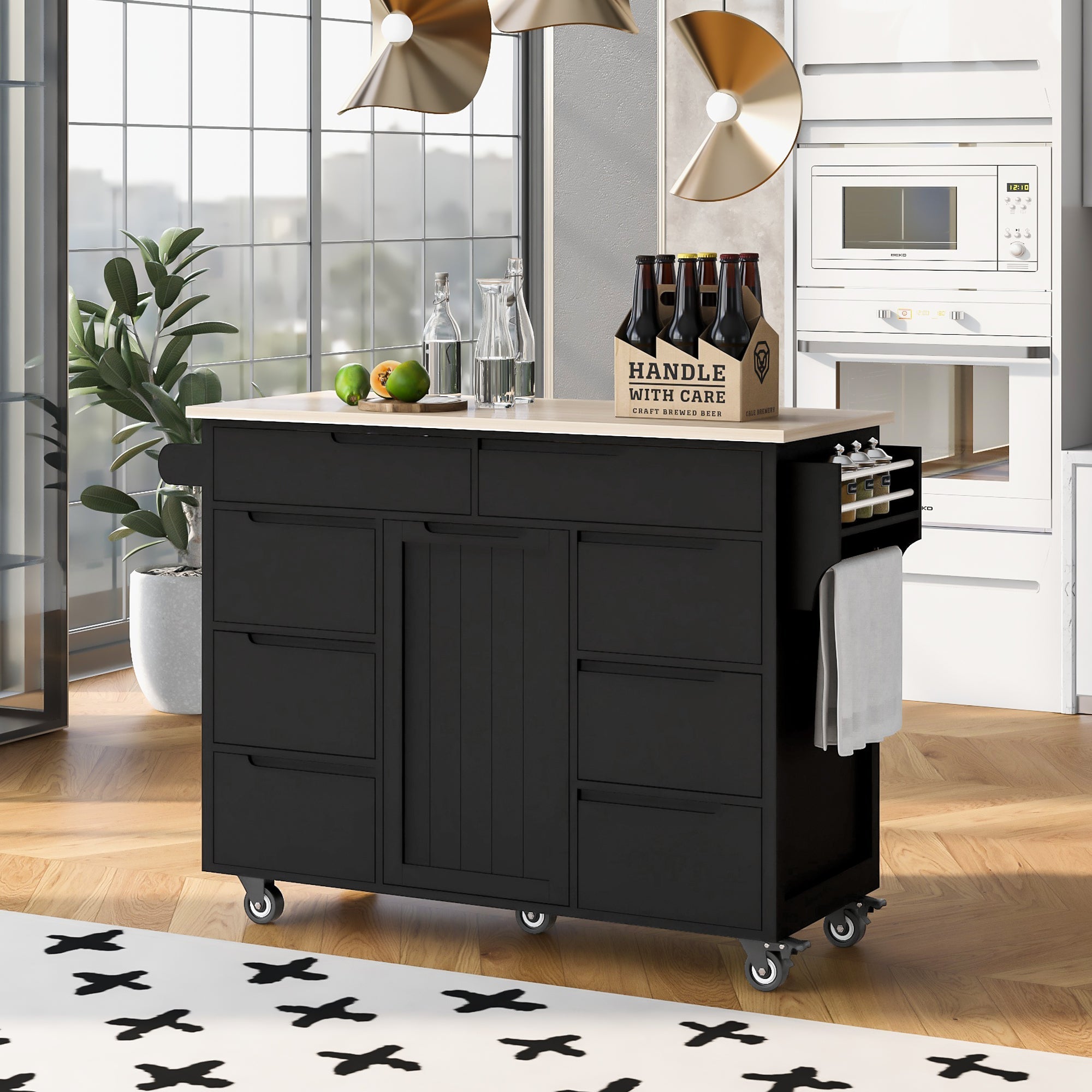 Store Kitchen Cart with Rubber Wood Countertop, Kitchen Island has 8 Handle-Free Drawers Including a Flatware Organizer and 5 Wheels for Kitchen Dining Room, Black image 1