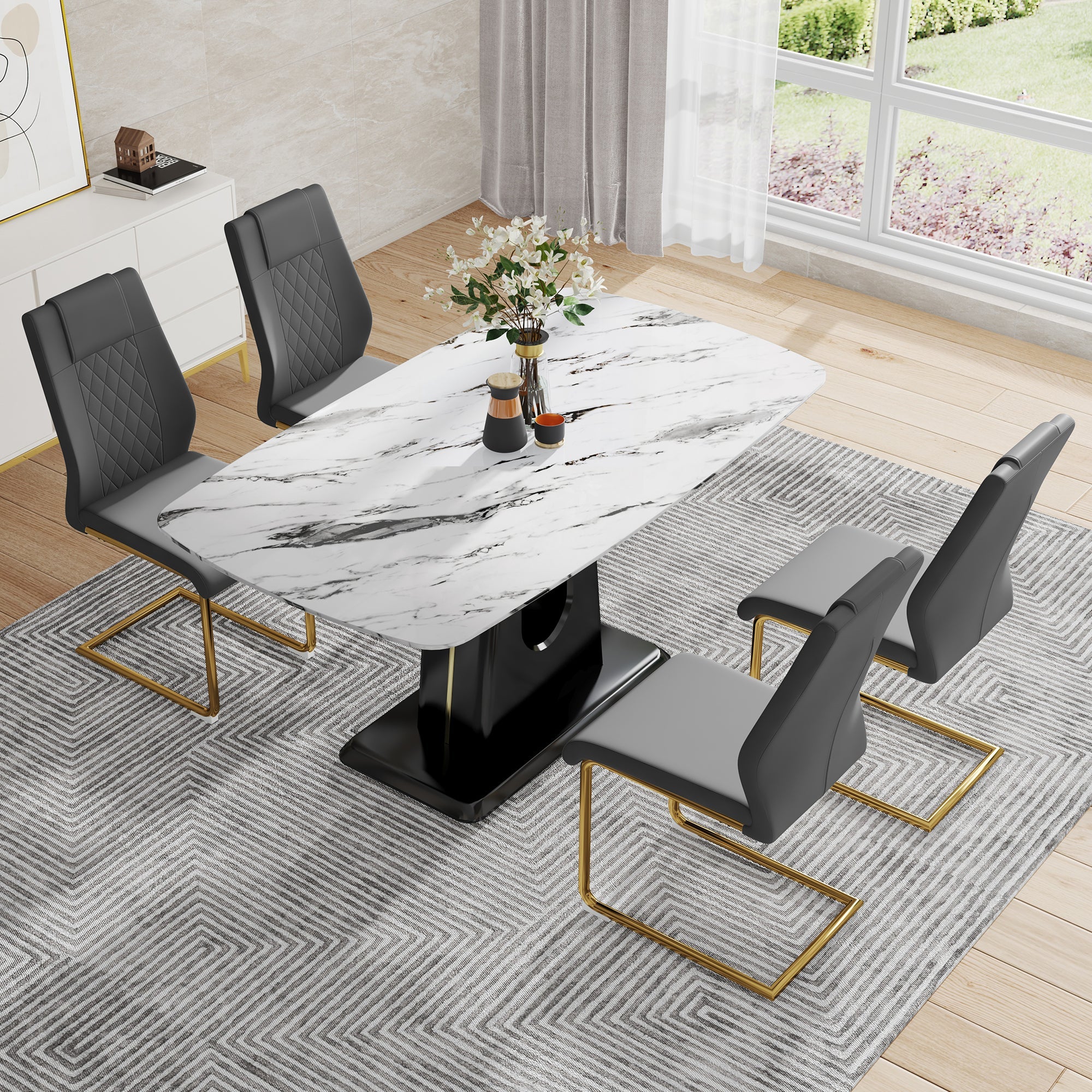 Table and chair set, modern and minimalist dining table, imitation marble patterned tabletop, MDF legs with U-shaped brackets. Paired with comfortable chairs, suitable for dining and living rooms. image 1