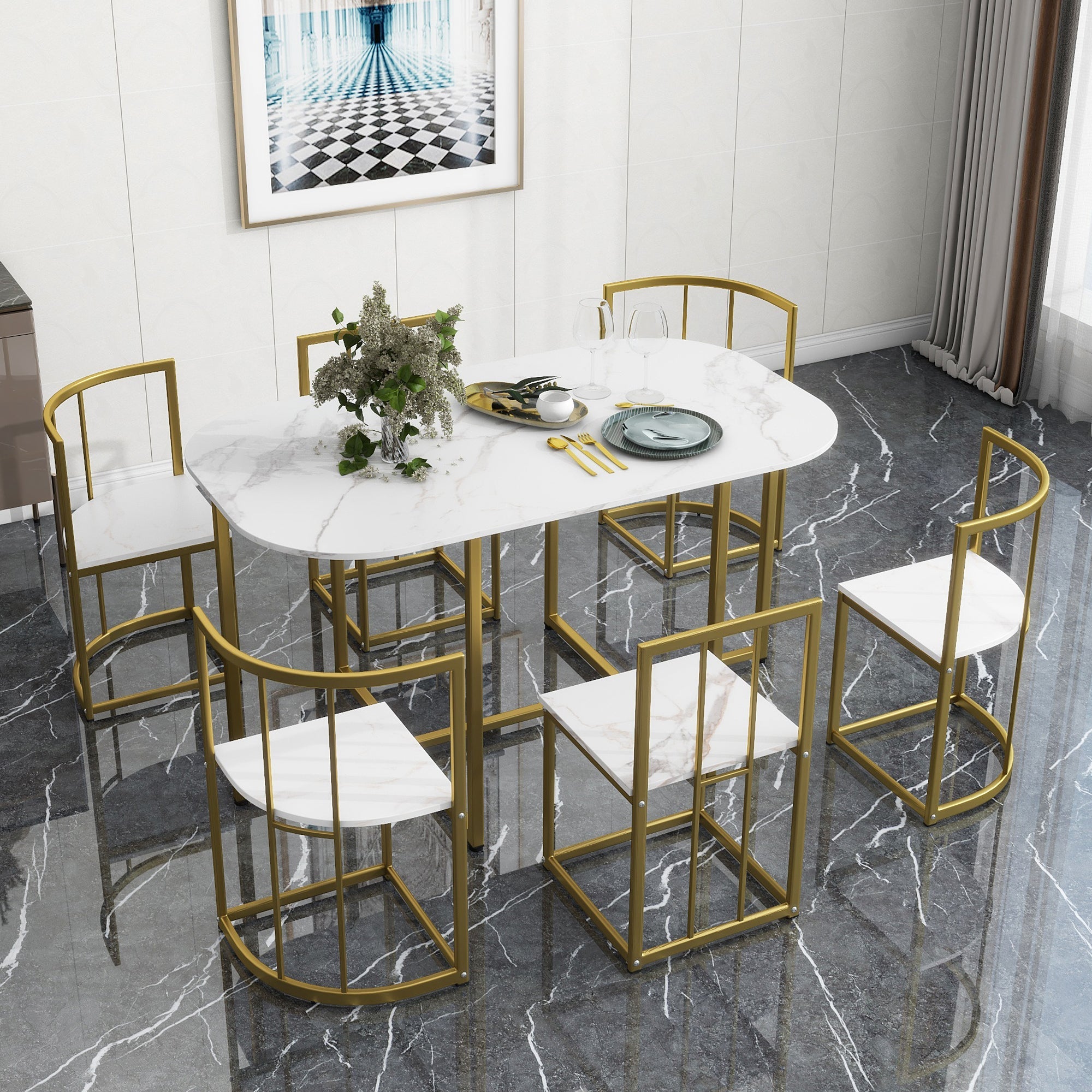 Modern 7-Piece Dining Table Set with Faux Marble Compact 55Inch Kitchen Table Set for 6, Golden+White image 1