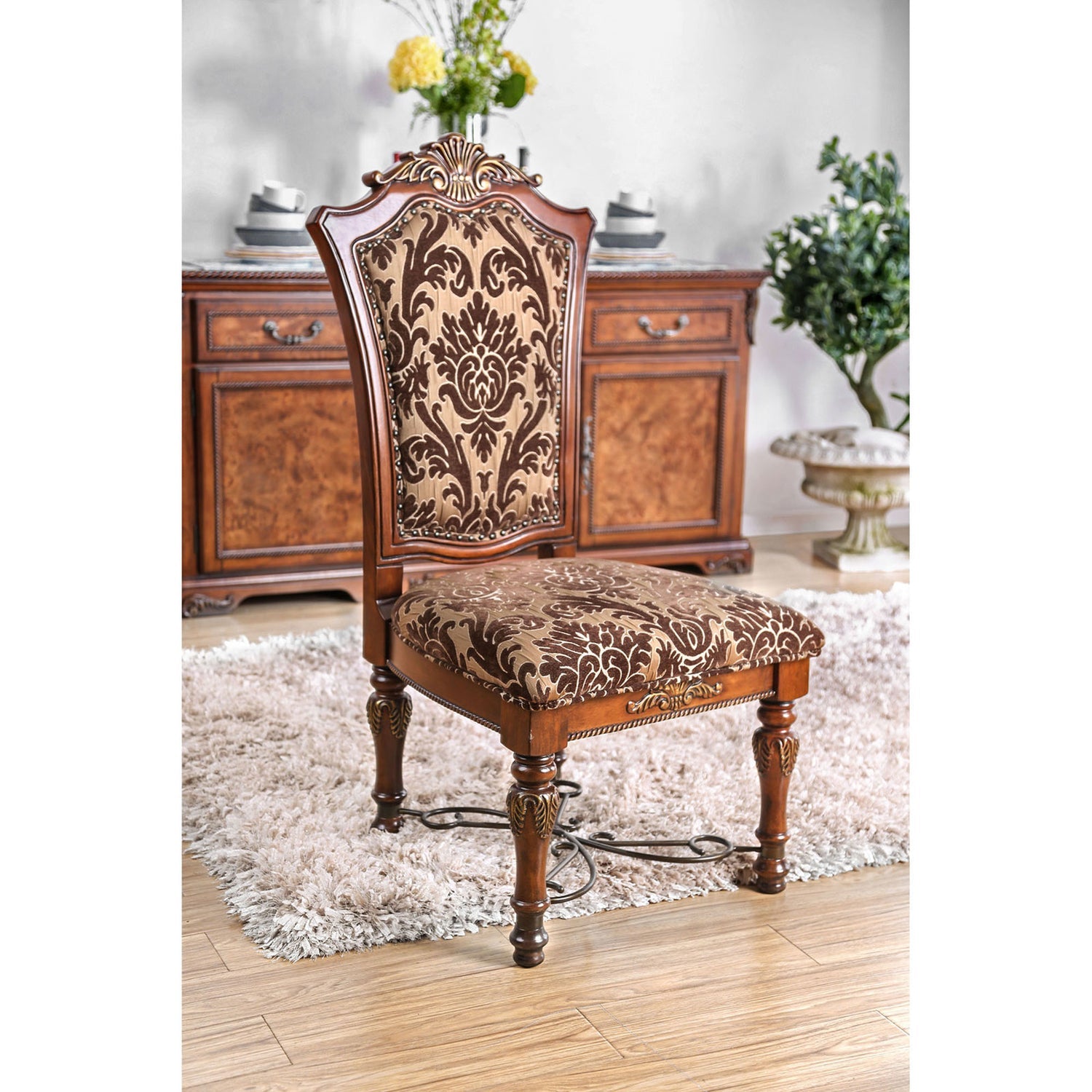 Traditional Fancy Set of 2pcs Side Chairs Brown Cherry Solid wood Intricate Carved Details Floral Design Print Fabric Seats Formal Dining Room Furniture image 1
