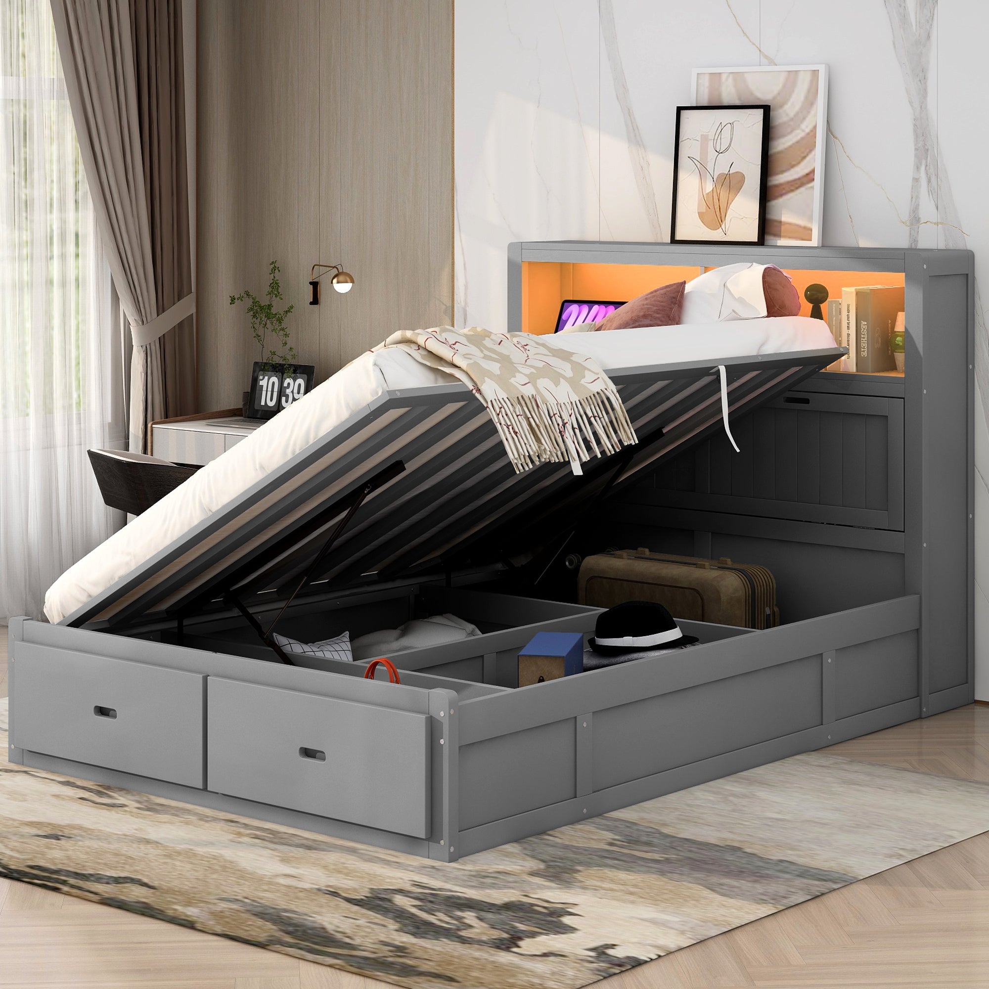 Wood Queen Size Hydraulic Platform Bed with Storage LED Headboard, Charging Station and 2 Drawers, Gray image 1