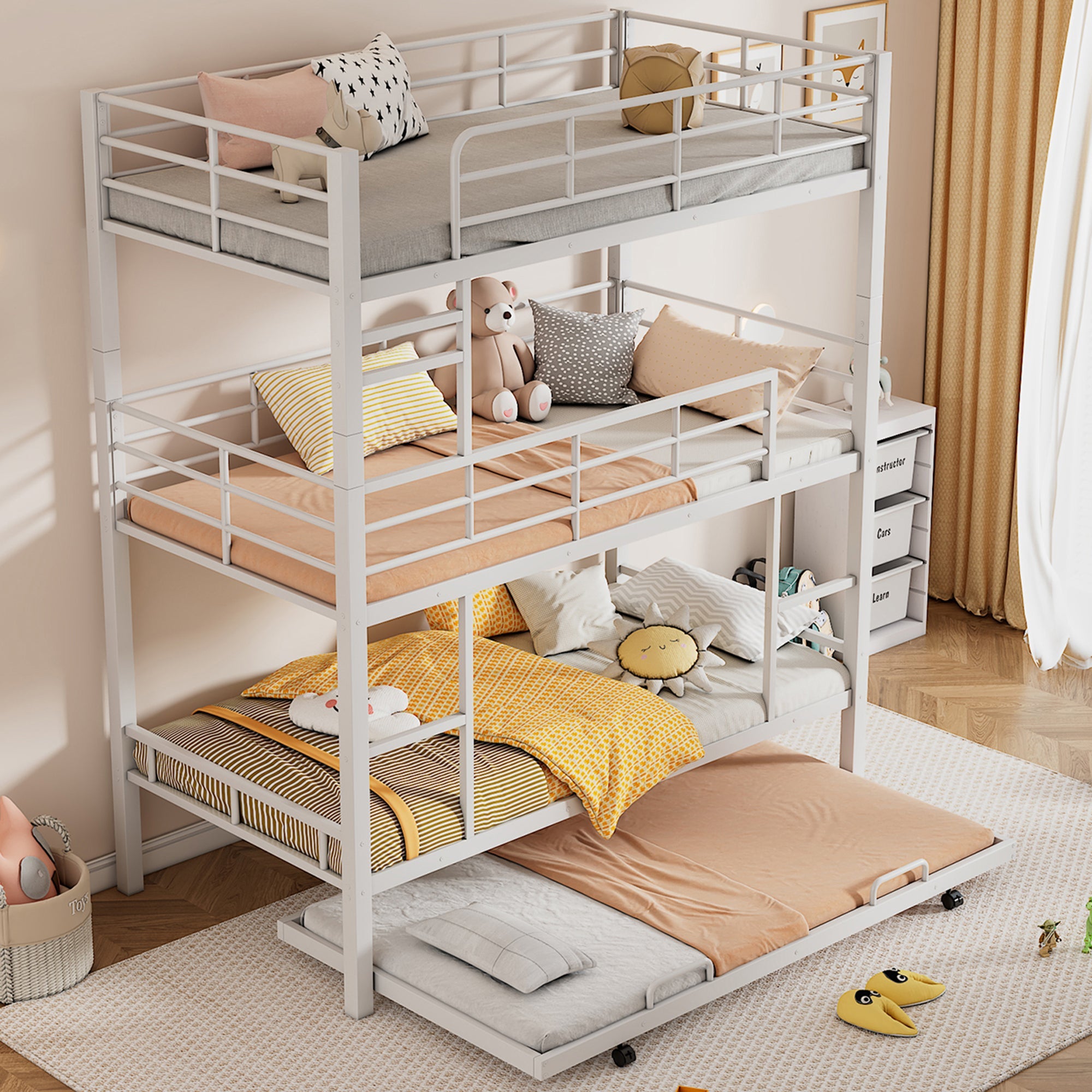 Metal Twin Size Triple Bunk Bed With Trundle, White image 1