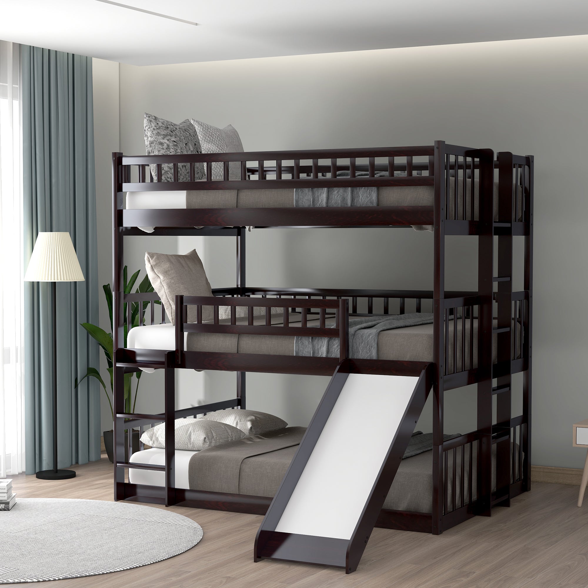 Full-Over-Full-Over-Full Triple Bed with Built-in Ladder and Slide, Triple Bunk Bed with Guardrails, Espresso image 1