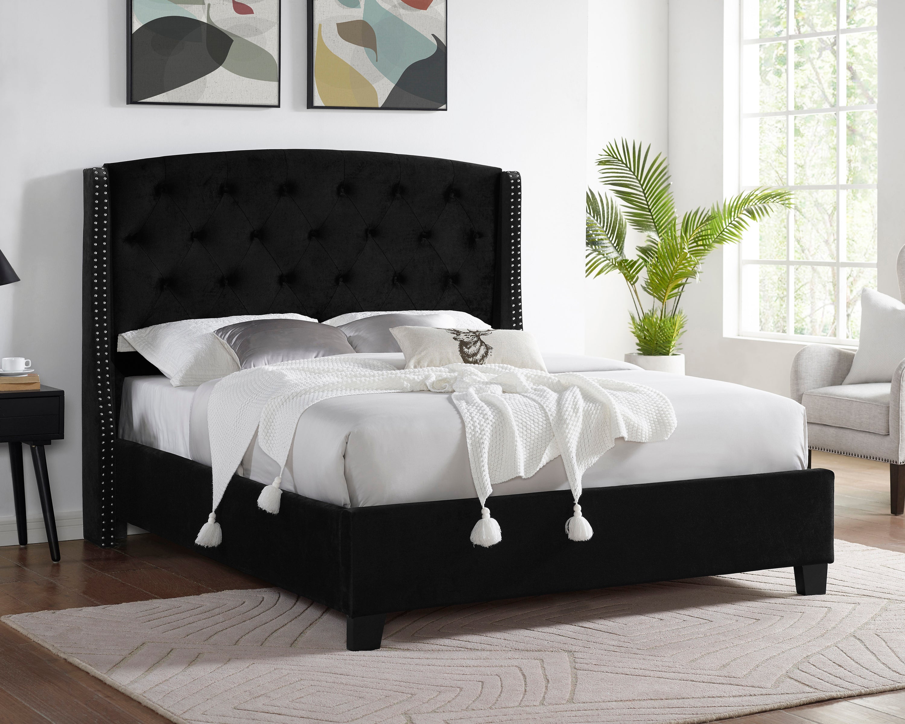 1pc Contemporary Style Upholstered Fabric Button Tufting Nailhead Trim Demi-wings Eva Bed Black Finish Wooden Bedroom Furniture image 1