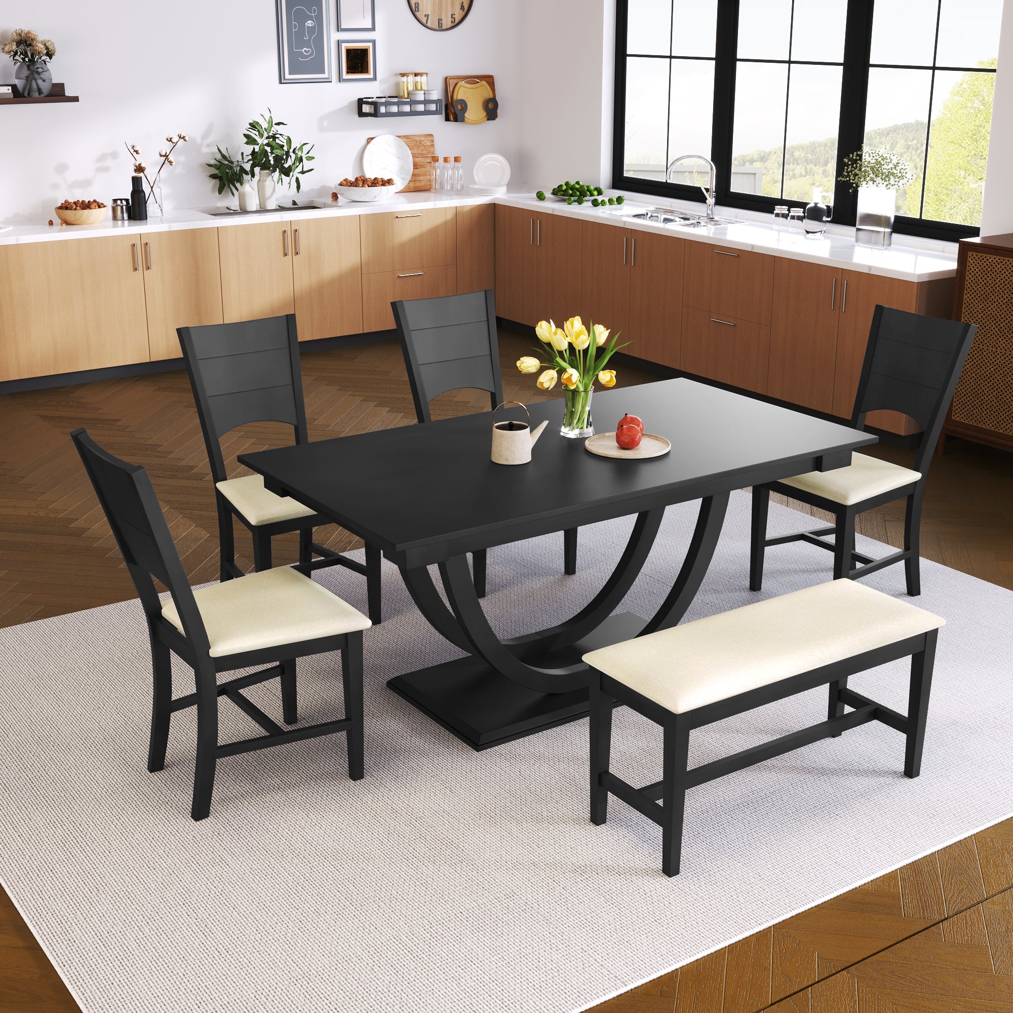 6-Piece Wood Half Round Dining Table Set Kitchen Table Set with Long Bench and 4 Dining Chairs, Modern Style, Gray image 1