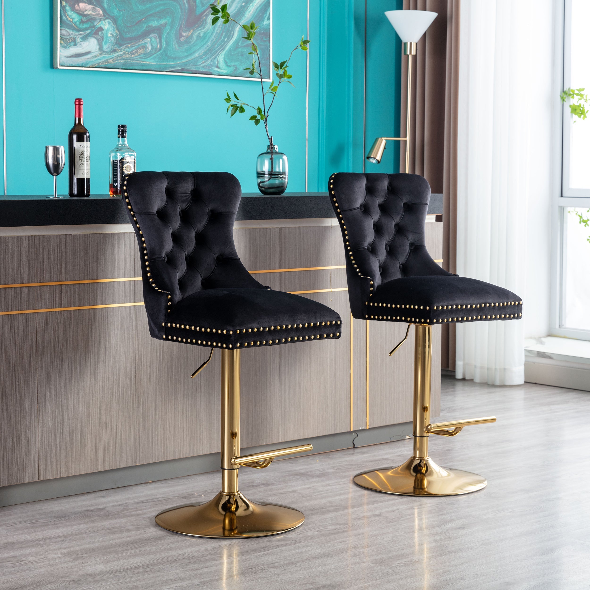 Swivel Bar Stools Chair Set of 2 Modern Adjustable Counter Height Bar Stools, Velvet Upholstered Stool with Tufted High Back & Ring Pull for Kitchen, Chrome Golden Base, Black image 1