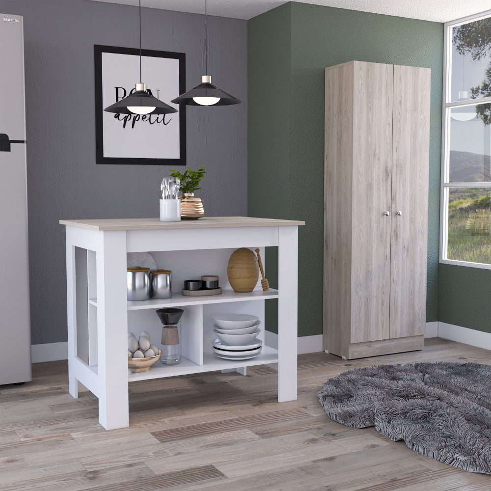 Roblar 8-Shelf 2-Door 2-piece Kitchen Set, Kitchen Island and Pantry Cabinet White and Light Gray image 1