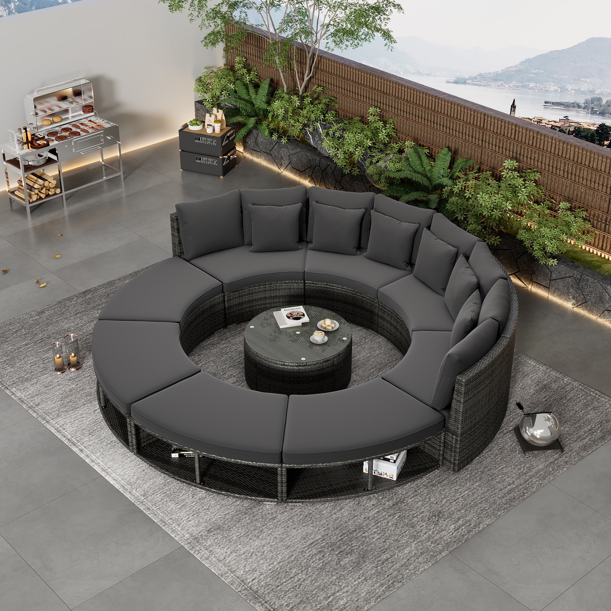 9-Piece Outdoor Patio Furniture Luxury Circular Outdoor Sofa Set Rattan Wicker Sectional Sofa Lounge Set with Tempered Glass Coffee Table, 6 Pillows, Grey image 1