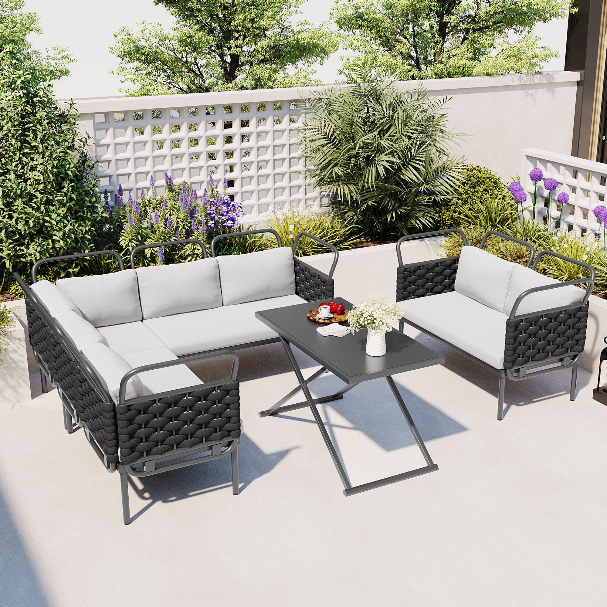 5-Piece Modern Patio Sectional Sofa Set Outdoor Woven Rope Furniture Set with Glass Table and Cushions, Black+Gray image 1