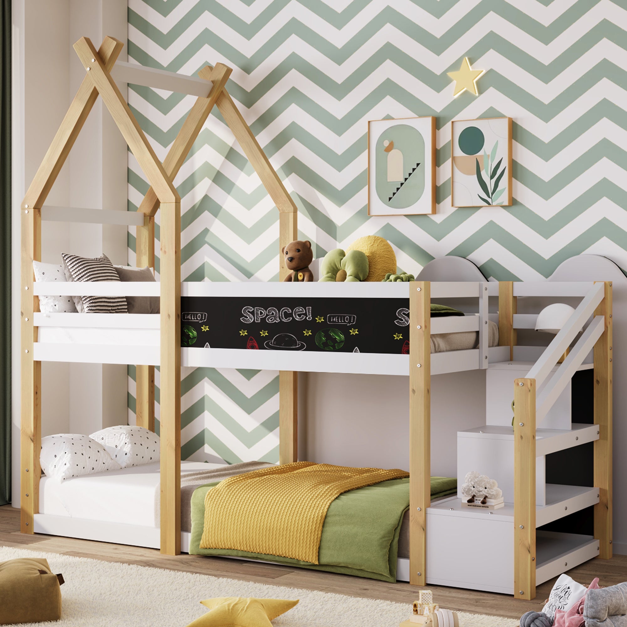 Twin over Twin House Bunk Bed with White Storage Staircase and Blackboard, White and Natural image 1