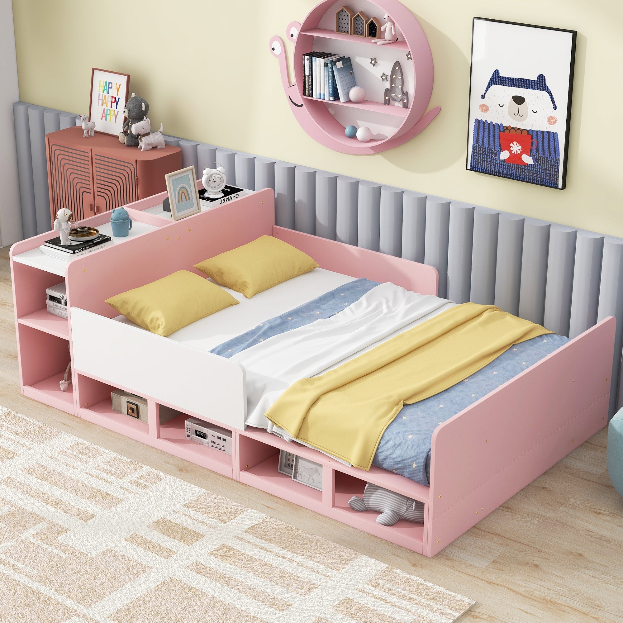 Wood Full Size Platform Bed with Storage Headboard, Guardrails and 4 Underneath Cabinets, Pink image 1