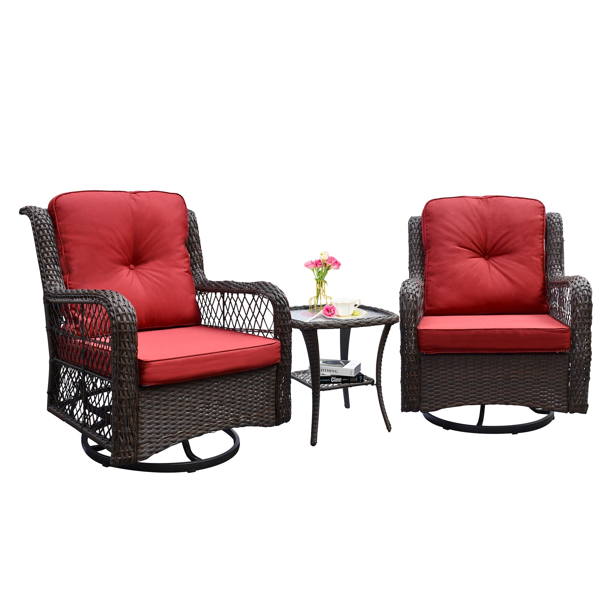 Outdoor Bistro Set 3 Pieces, Outdoor Resin Wicker Swivel Rocker Patio Chair, 360-Degree Swivel Rocking Chairs and Tempered Glass Top Side Coffee Table, Outdoor Rattan Conversation Sets (Red) image 1
