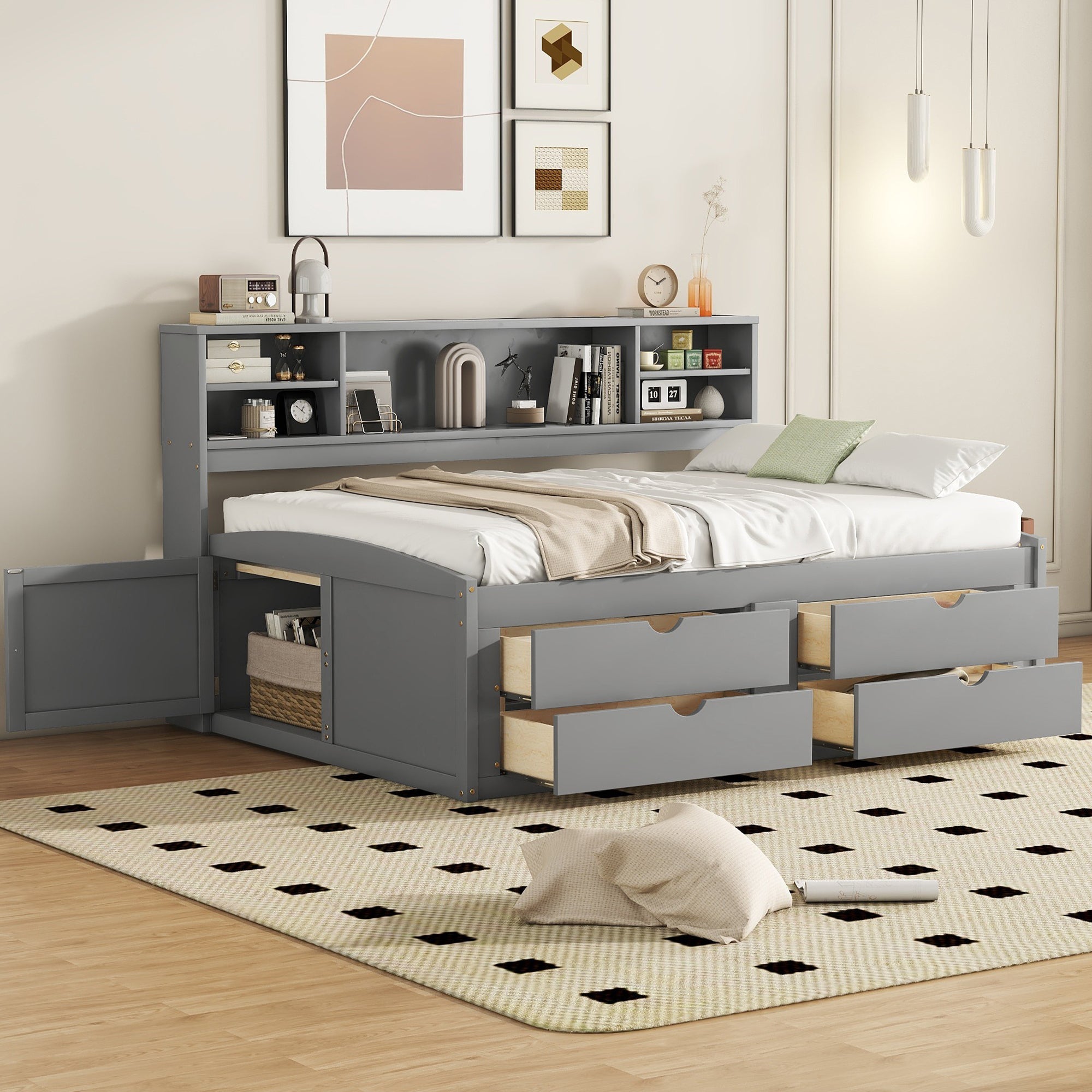 Full Size Wood Daybed with 2 Bedside Cabinets, Upper Shelves and 4 Drawers, Gray image 1