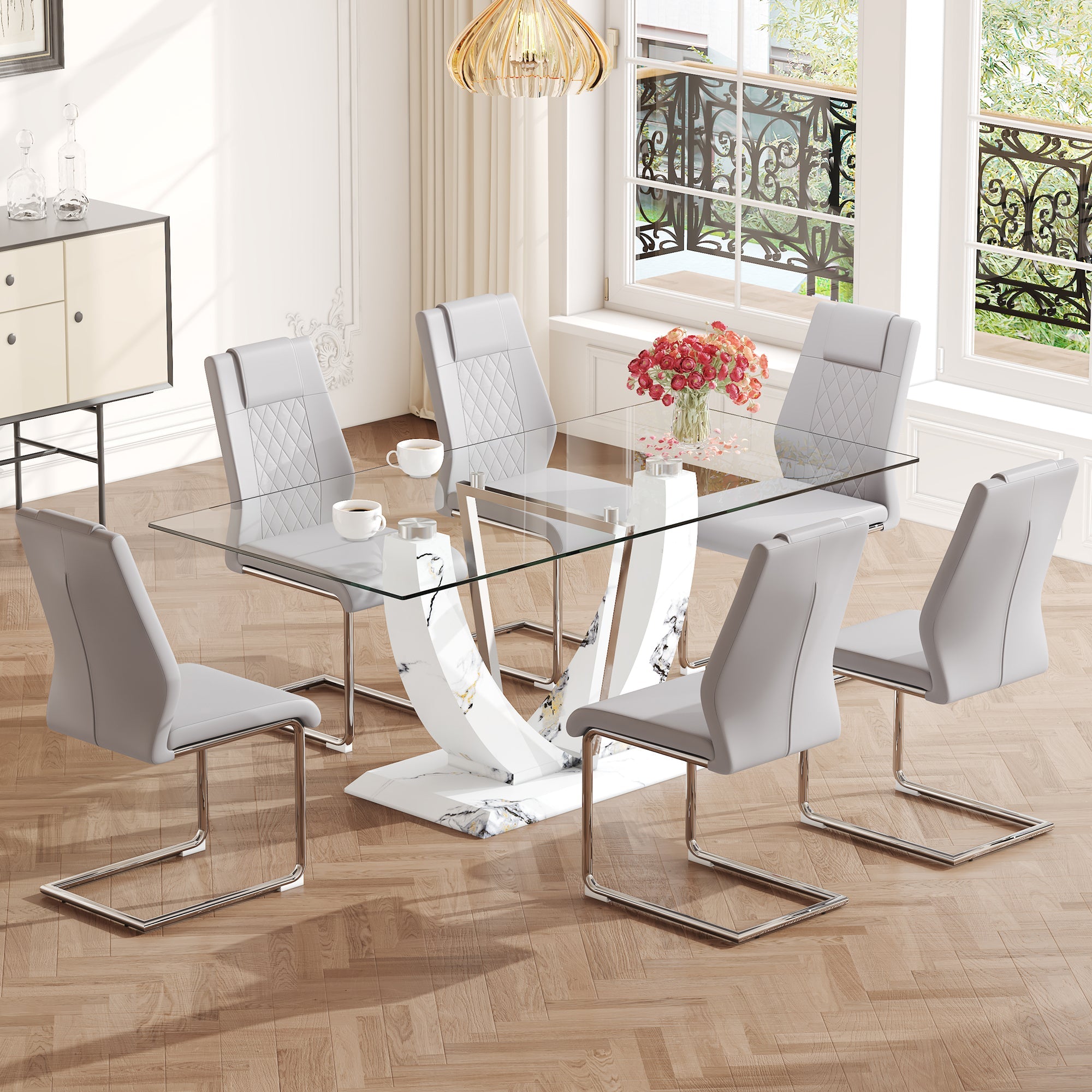 Table and chair set, large modern rectangular glass table, can accommodate 6-8 people, equipped with a 0.39-inch tempered glass tabletop and MDF table legs.Paired with comfortable and soft chairs. image 1